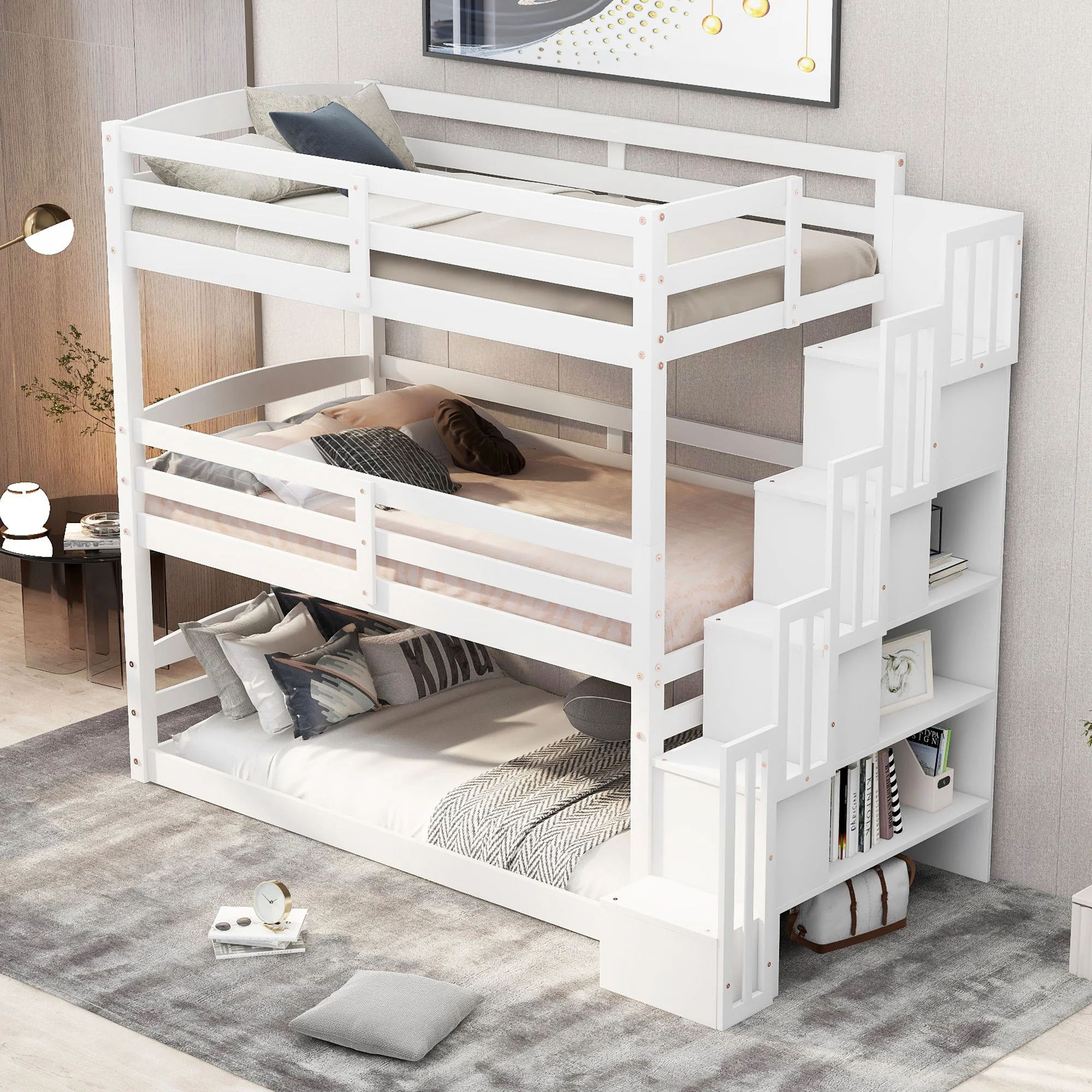 Twin Size Triple Bunk Bed With Storage Staircase, Separate Design - White - Image 4