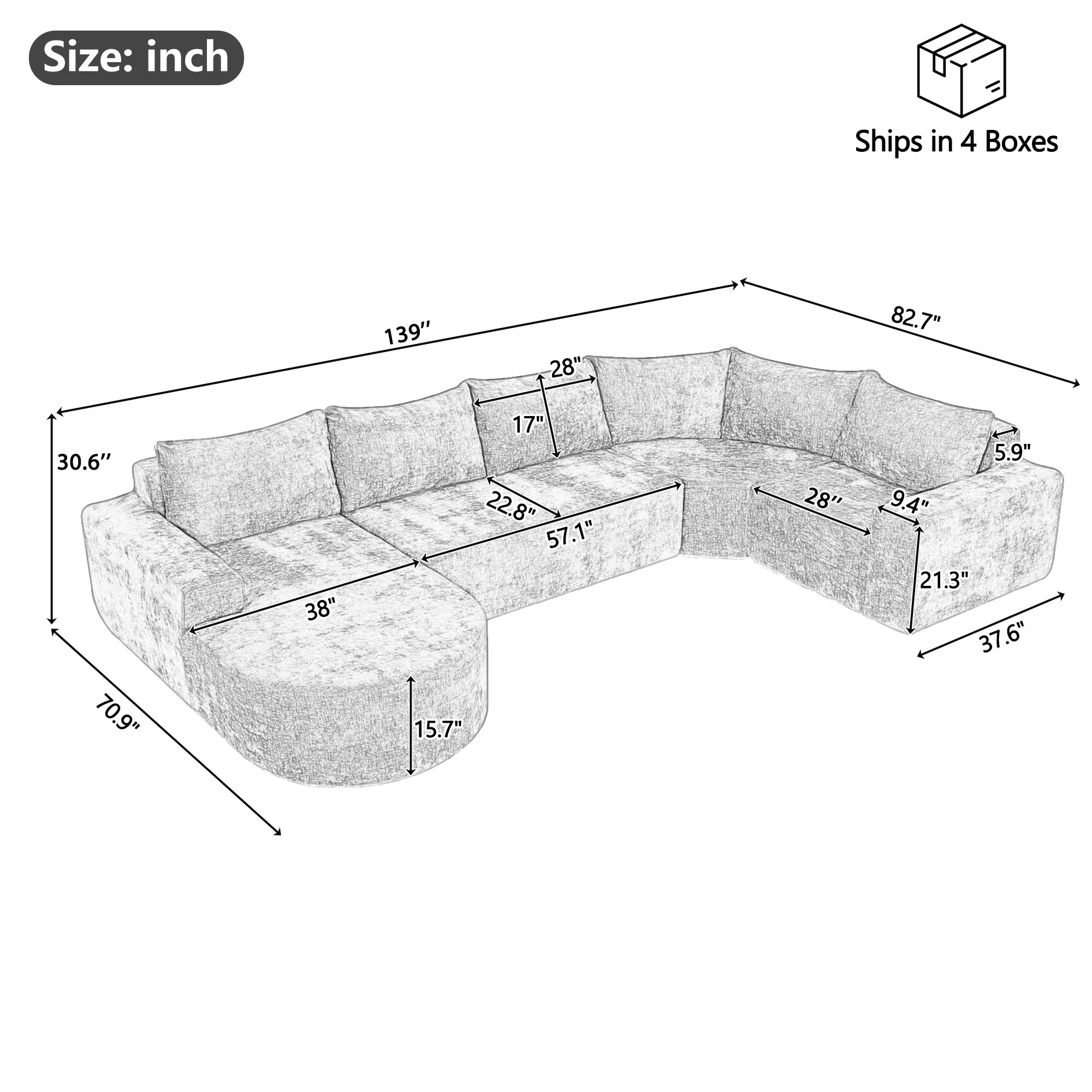 U-Shaped Oversized Modular Cloud Sectional Sofa With Deep Seat For Living Room - Image 4