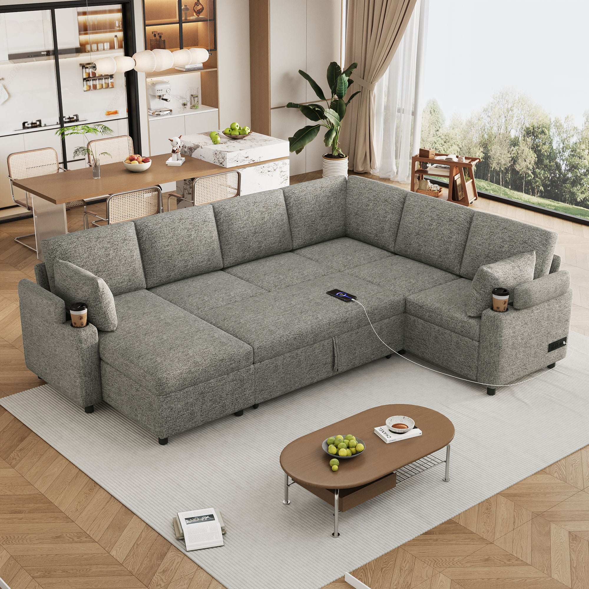 U-Shaped Sectional Sleeper Sofa With Ample Storage Space, 2 Cup Holders And Charging Ports For Living Room - Image 5