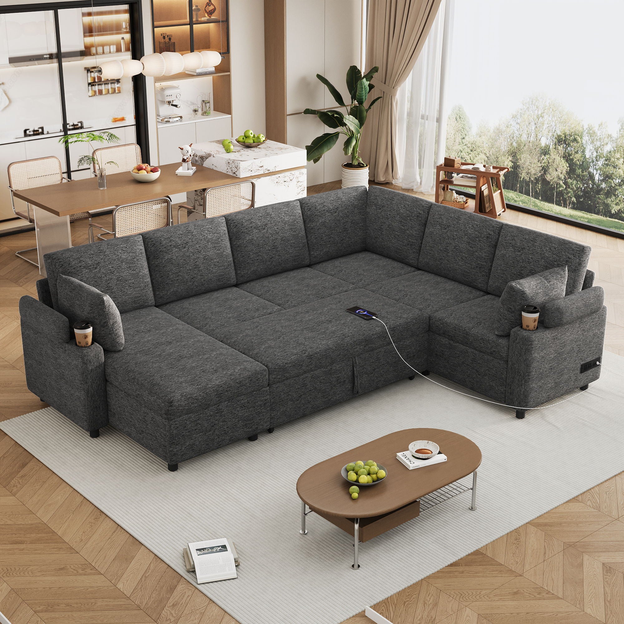 U-Shaped Sectional Sleeper Sofa With Ample Storage Space, 2 Cup Holders And Charging Ports For Living Room - Image 9