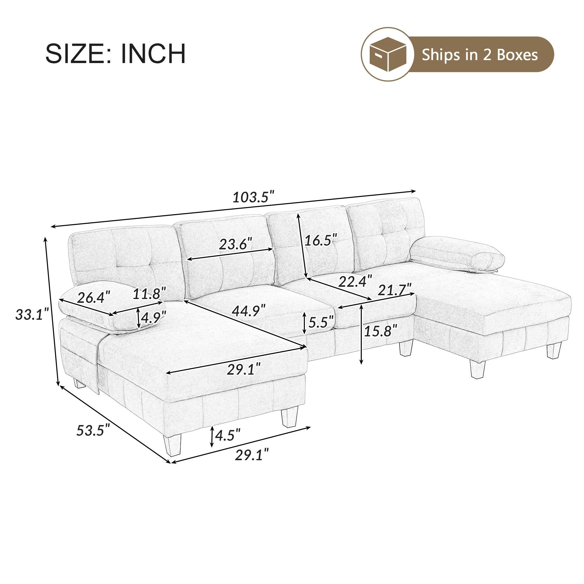 U-Shaped Sectional Sofa 103.5" Fabric Couch With Dual Chaise Lounges, Storage Pockets, Armrest Pillows - Image 10