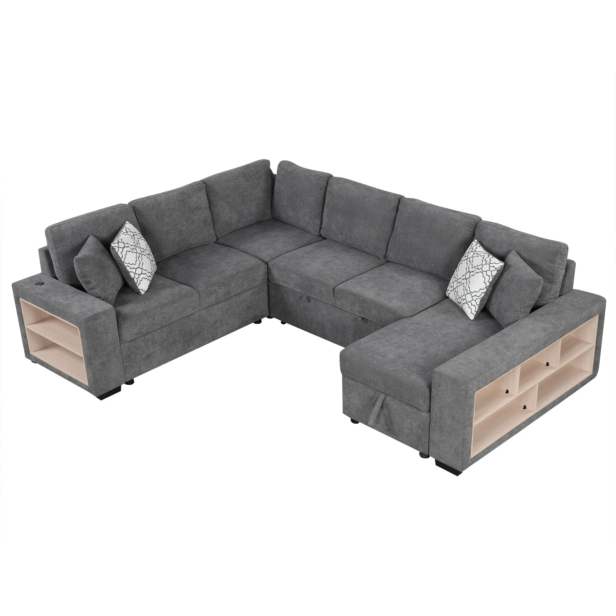U-Shaped Sectional Sofa Pull-Out Sofa Bed With Two USB Ports, A Storage Chaise Lounge And Four Back Pillows For Living Room - Image 2