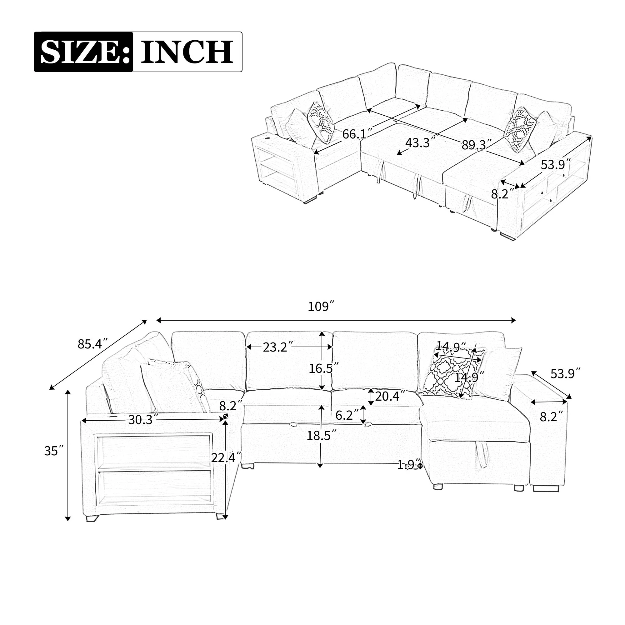 U-Shaped Sectional Sofa Pull-Out Sofa Bed With Two USB Ports, A Storage Chaise Lounge And Four Back Pillows For Living Room - Image 3