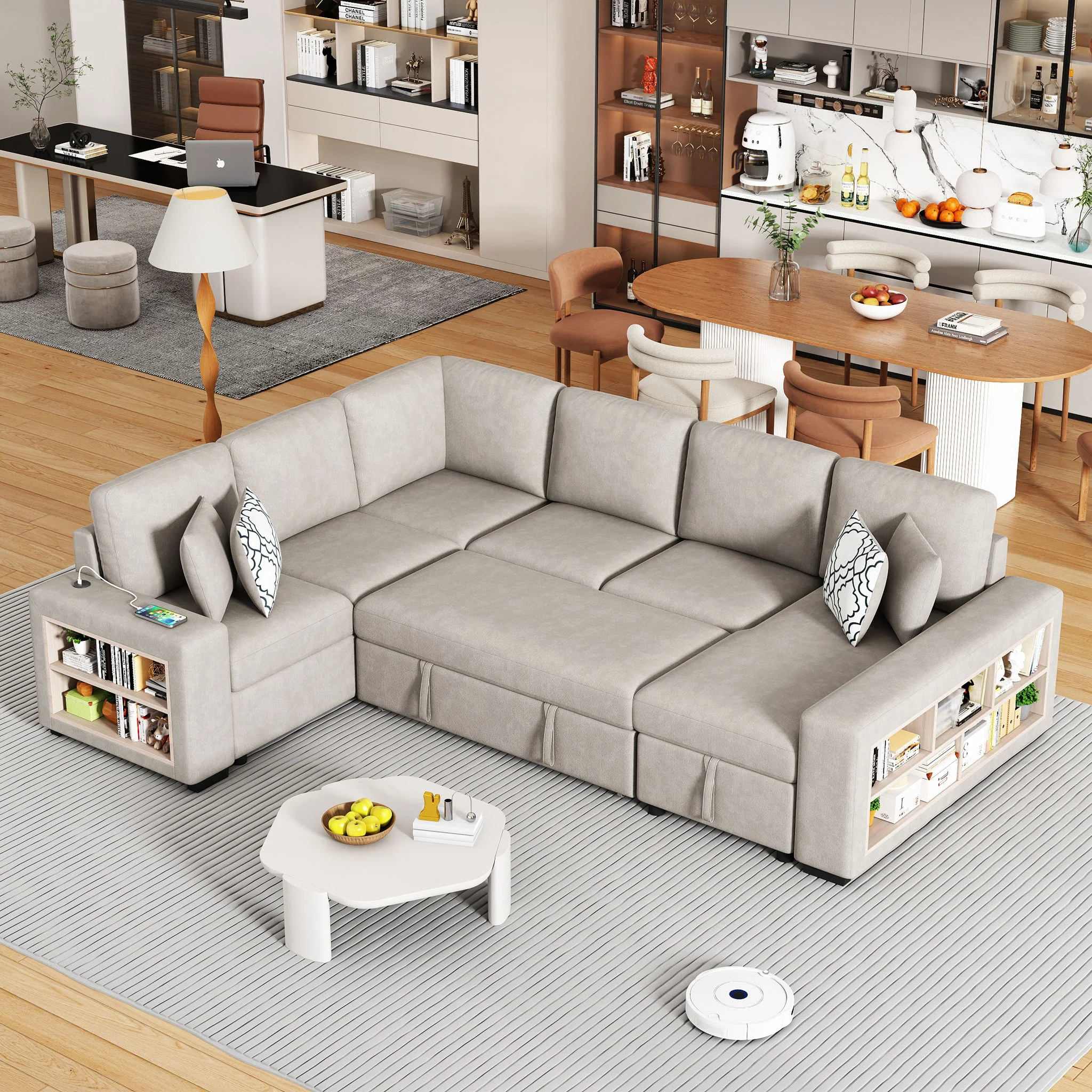 U-Shaped Sectional Sofa Pull-Out Sofa Bed With Two USB Ports, A Storage Chaise Lounge And Four Back Pillows For Living Room - Image 4