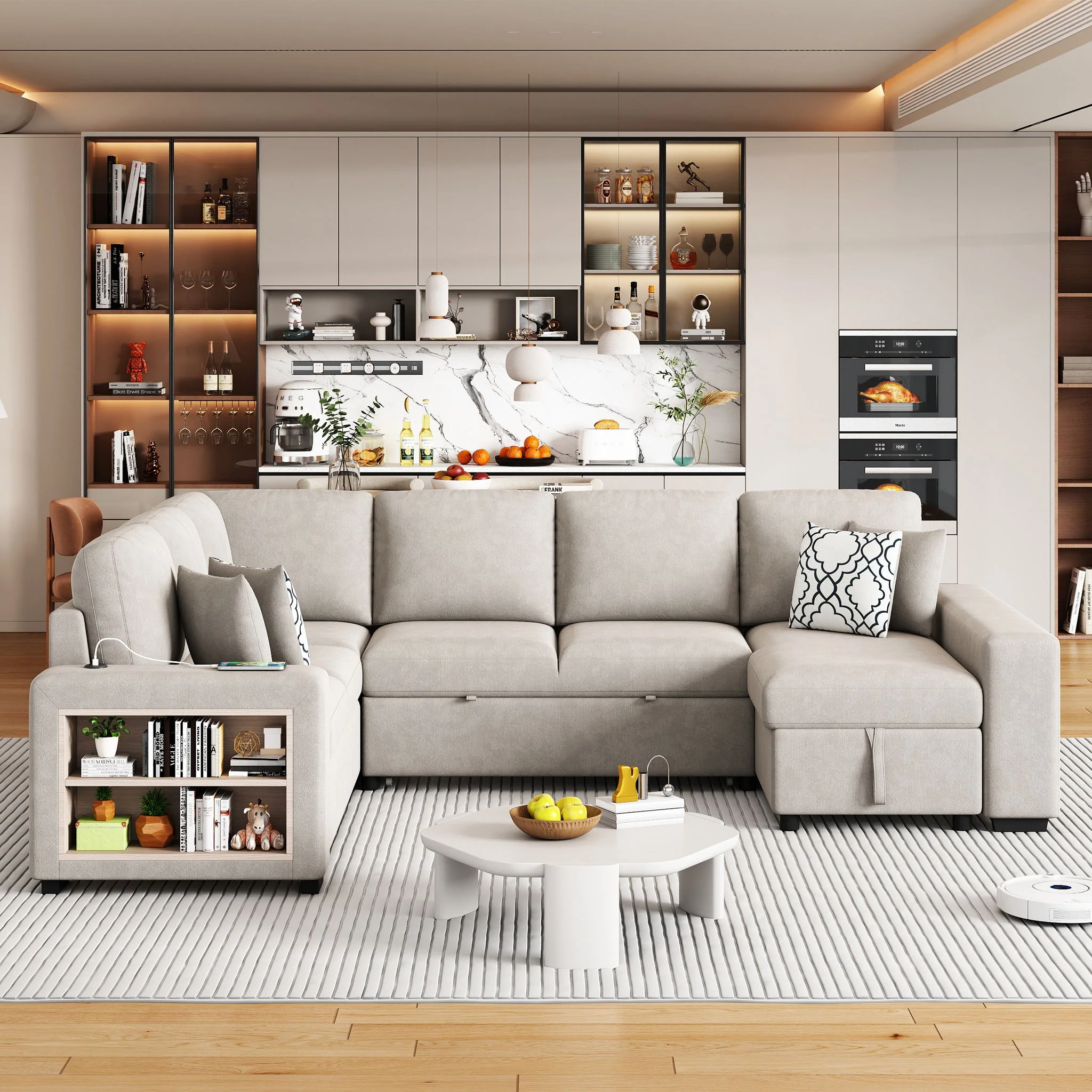 U-Shaped Sectional Sofa Pull-Out Sofa Bed With Two USB Ports, A Storage Chaise Lounge And Four Back Pillows For Living Room - Image 5