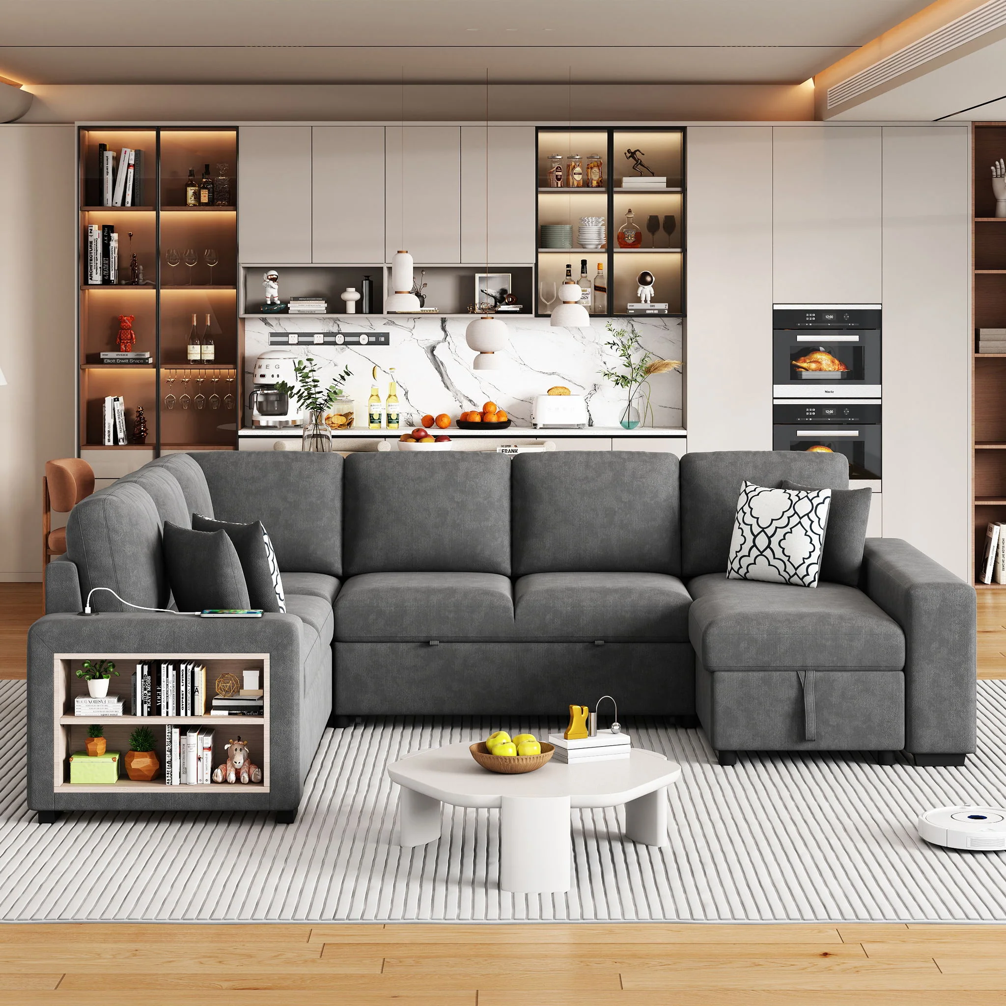 U-Shaped Sectional Sofa Pull-Out Sofa Bed With Two USB Ports, A Storage Chaise Lounge And Four Back Pillows For Living Room - Image 6
