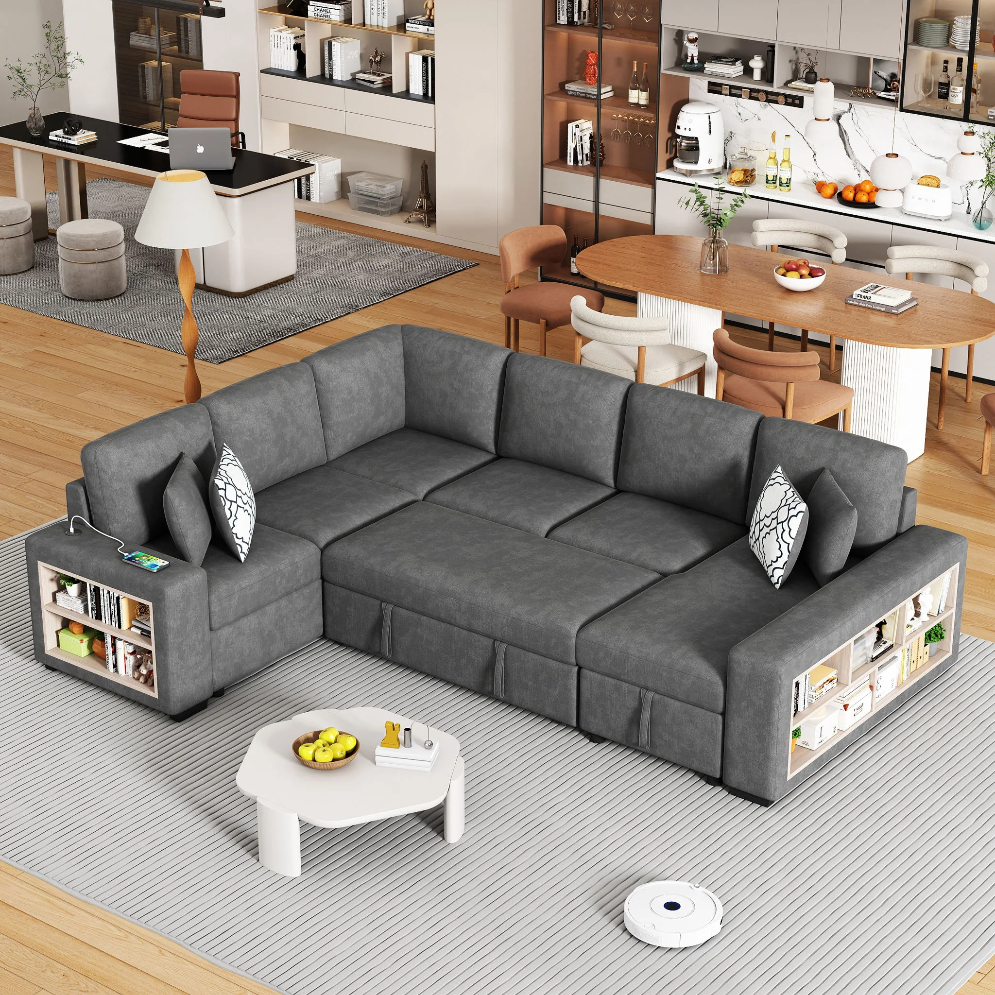 U-Shaped Sectional Sofa Pull-Out Sofa Bed With Two USB Ports, A Storage Chaise Lounge And Four Back Pillows For Living Room - Image 7
