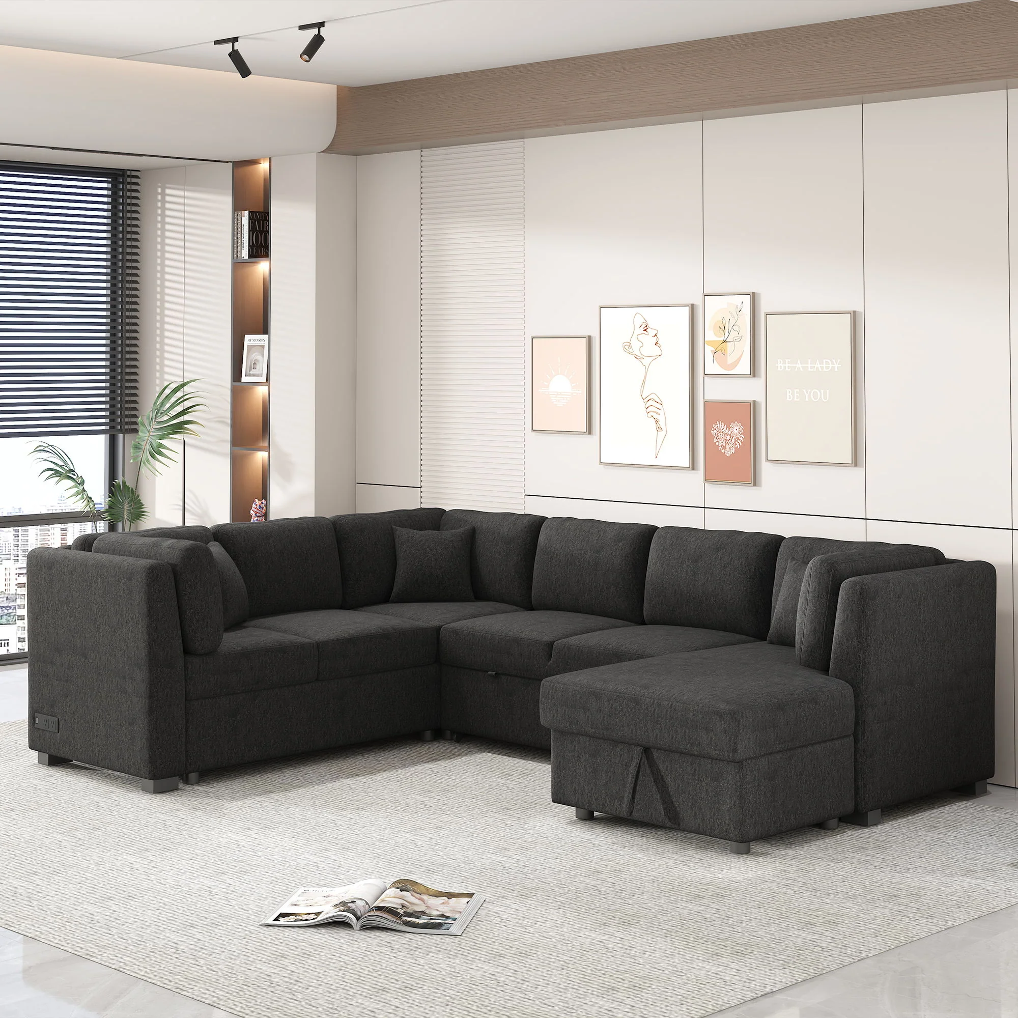 U-Shaped Sectional Sofa Pull Out Sofa Bed With Two USB Ports, Two Power Sockets, Three Back Pillows And A Storage Chaise For Living Room - Image 10