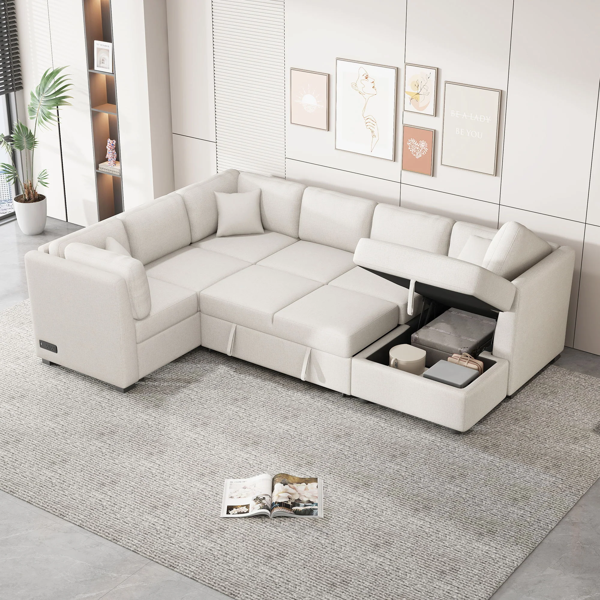 U-Shaped Sectional Sofa Pull Out Sofa Bed With Two USB Ports, Two Power Sockets, Three Back Pillows And A Storage Chaise For Living Room - Image 6