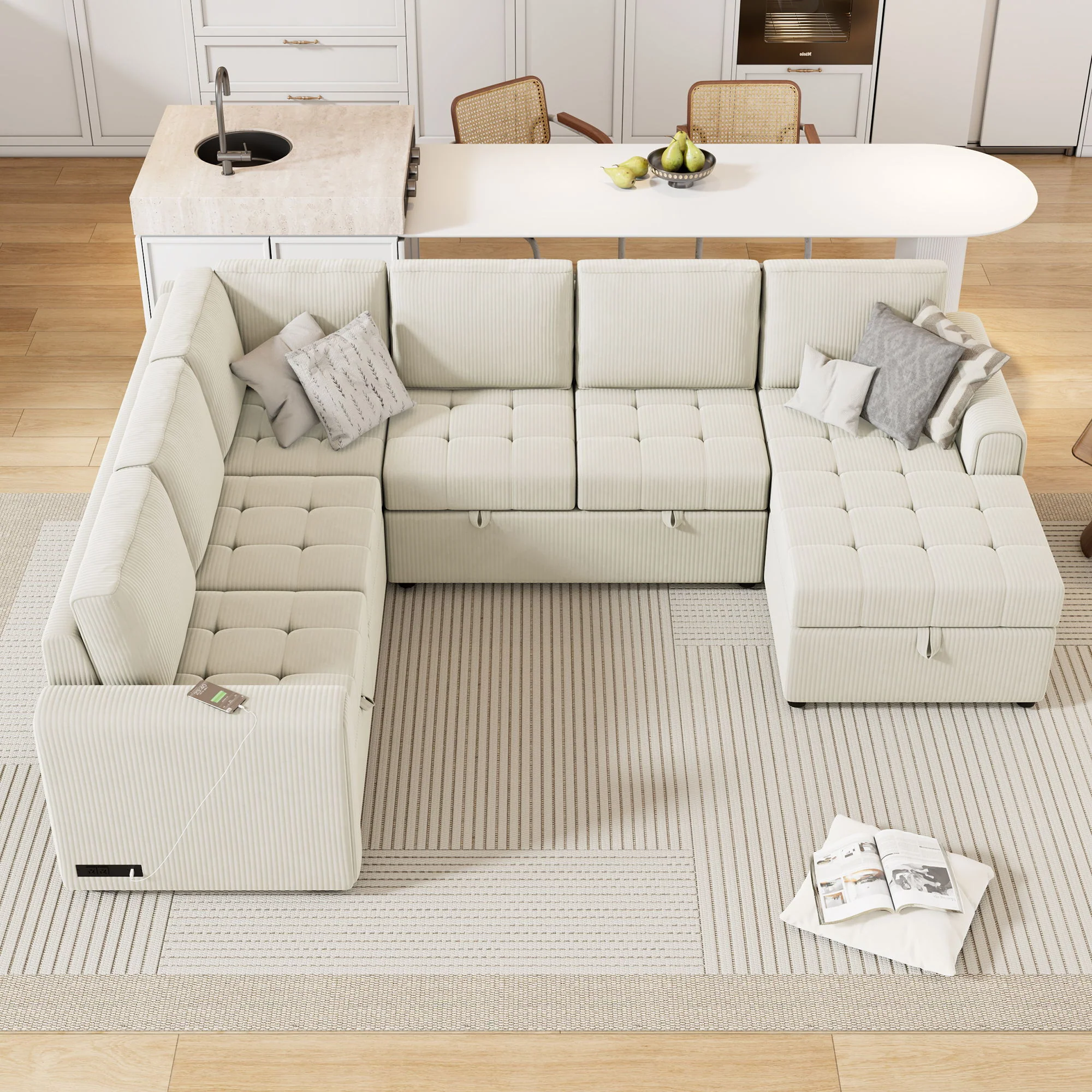 U-Shaped Sofa Sectional Sofa Pull-Out Sofa Bed With A Storage Chaise Lounge, Charging Devices For Living Room - Image 4