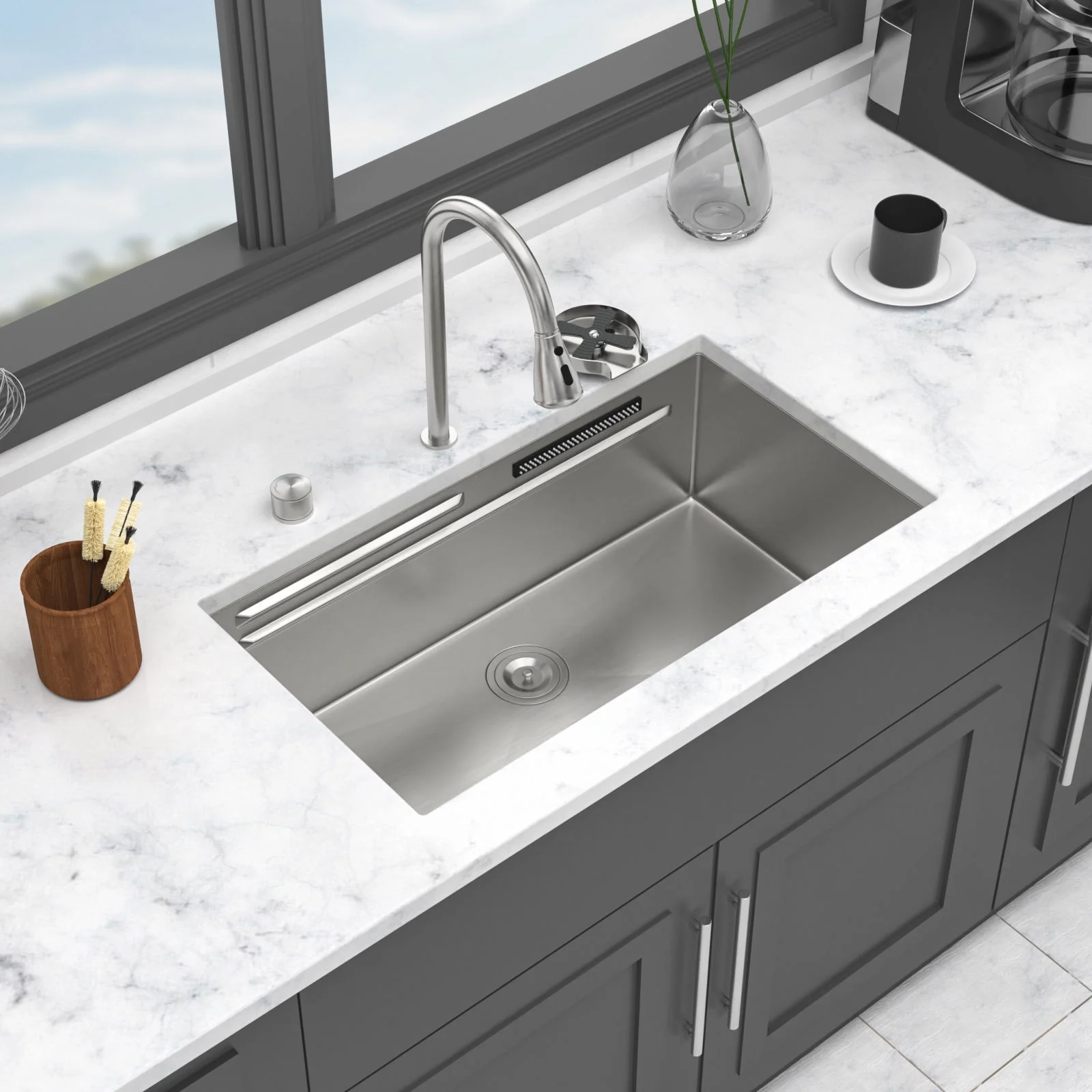 Undermount Stainless Steel Kitchen Sink With Pull Down Faucet & Ledge Workstation - Image 8