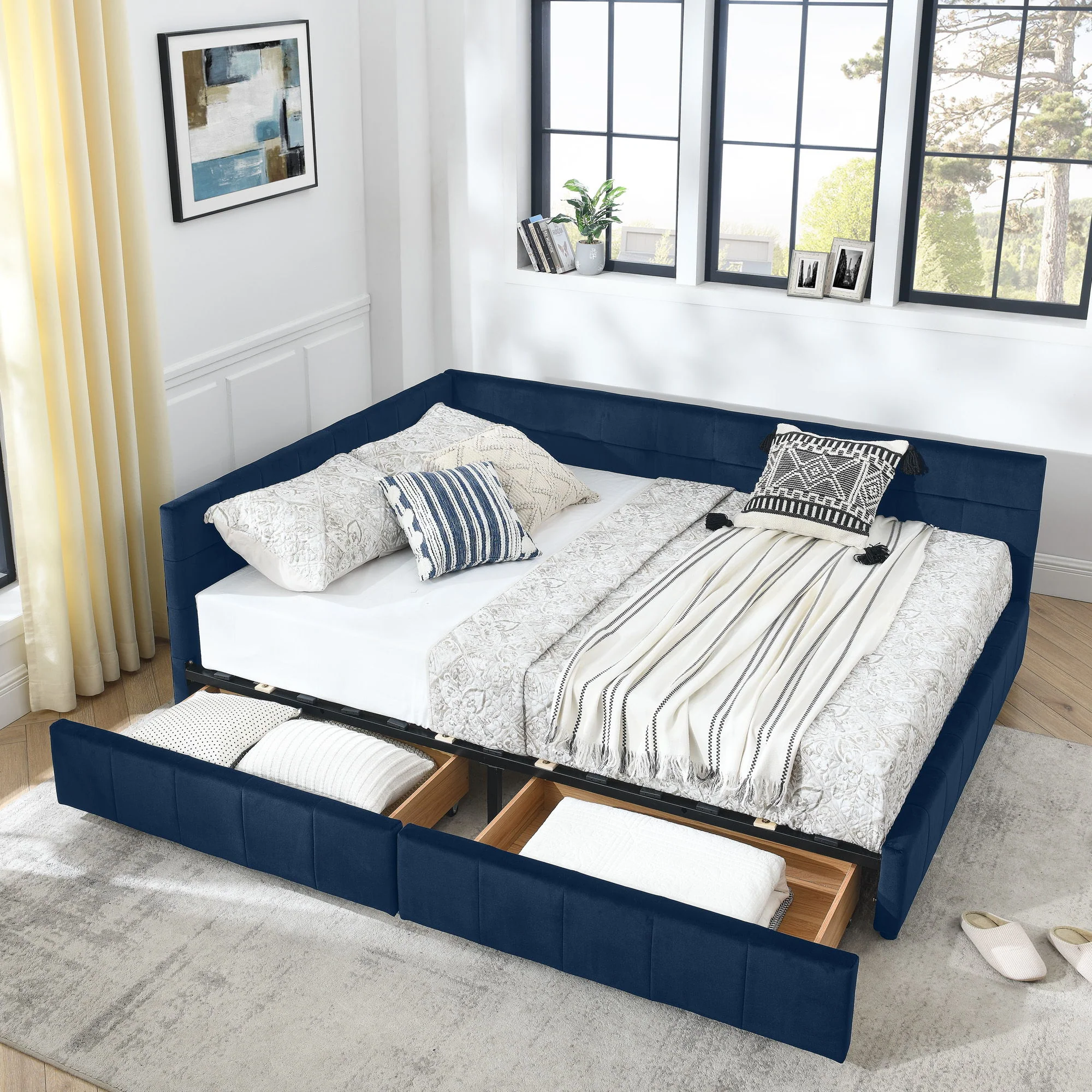 Upholstered Bed Frame With Tufted Backrest And Armrests - Image 3