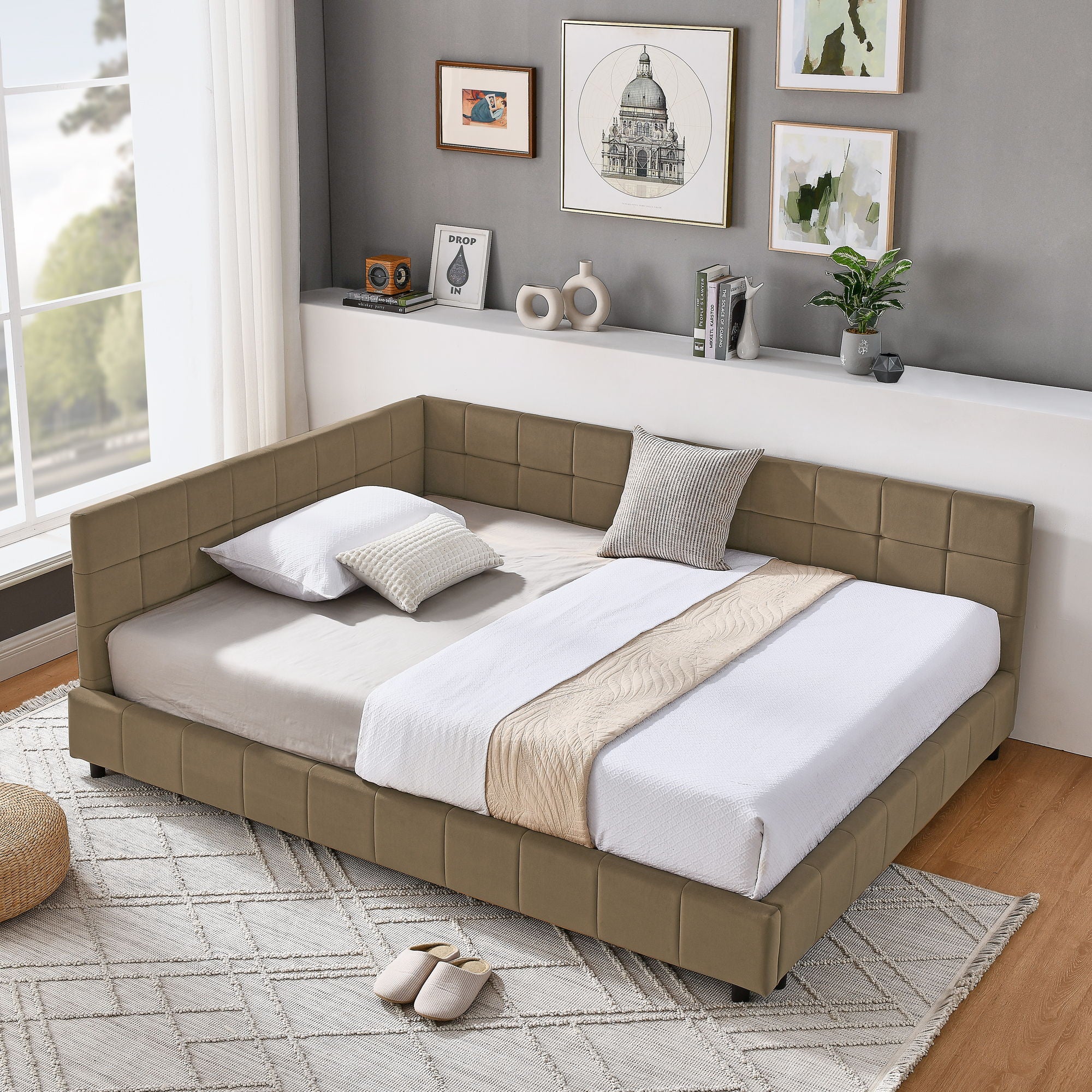 Upholstered Bed Frame With Tufted Backrest And Armrests - Image 4