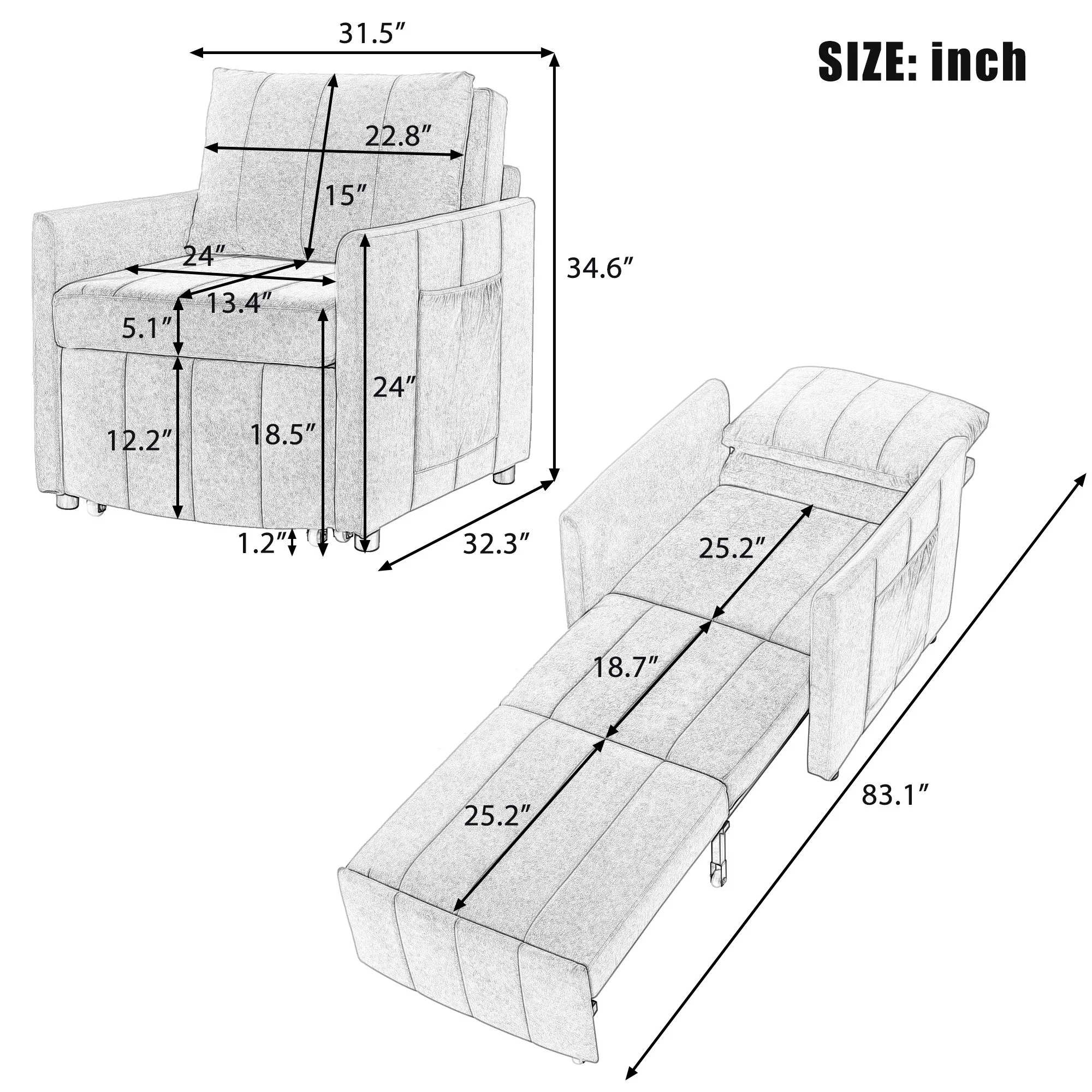 Upholstered Convertible Sleeper Sofa With 5 Position Backrest, Side Pockets, Storage - Image 9