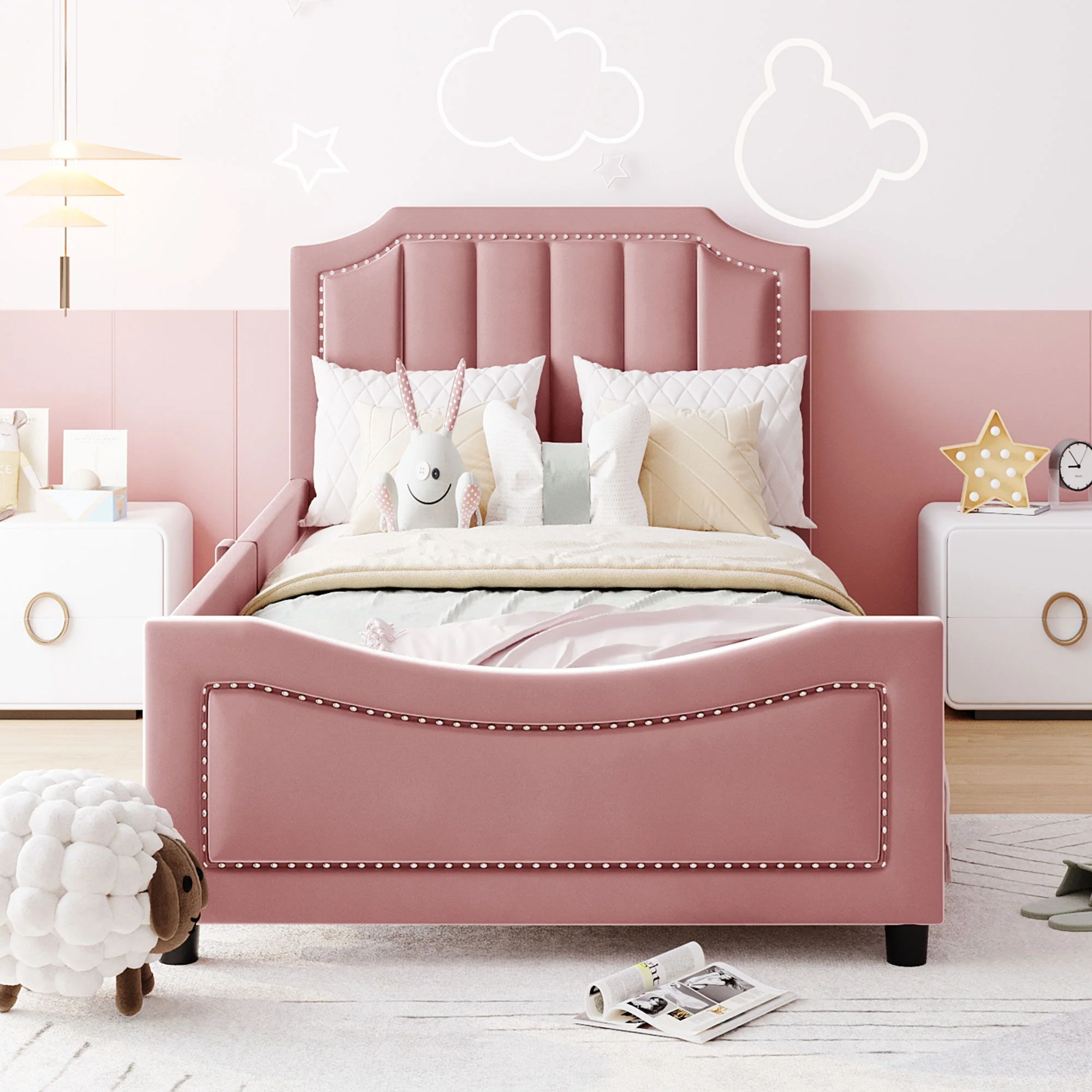 Upholstered Daybed With Classic Stripe Shaped Headboard - Image 11