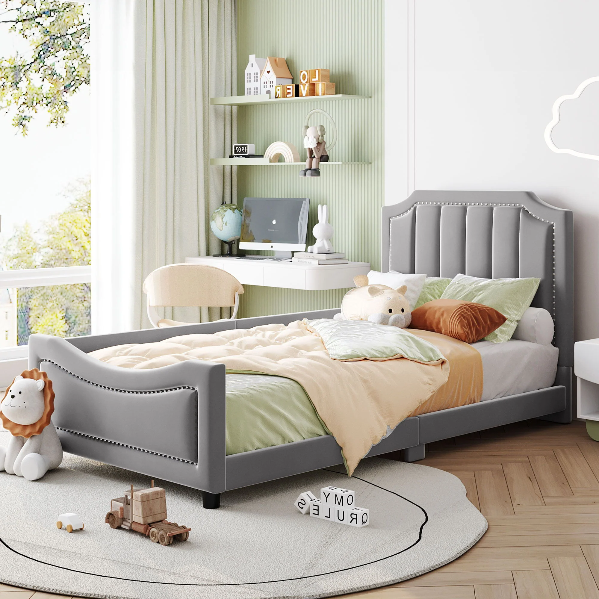 Upholstered Daybed With Classic Stripe Shaped Headboard - Image 2
