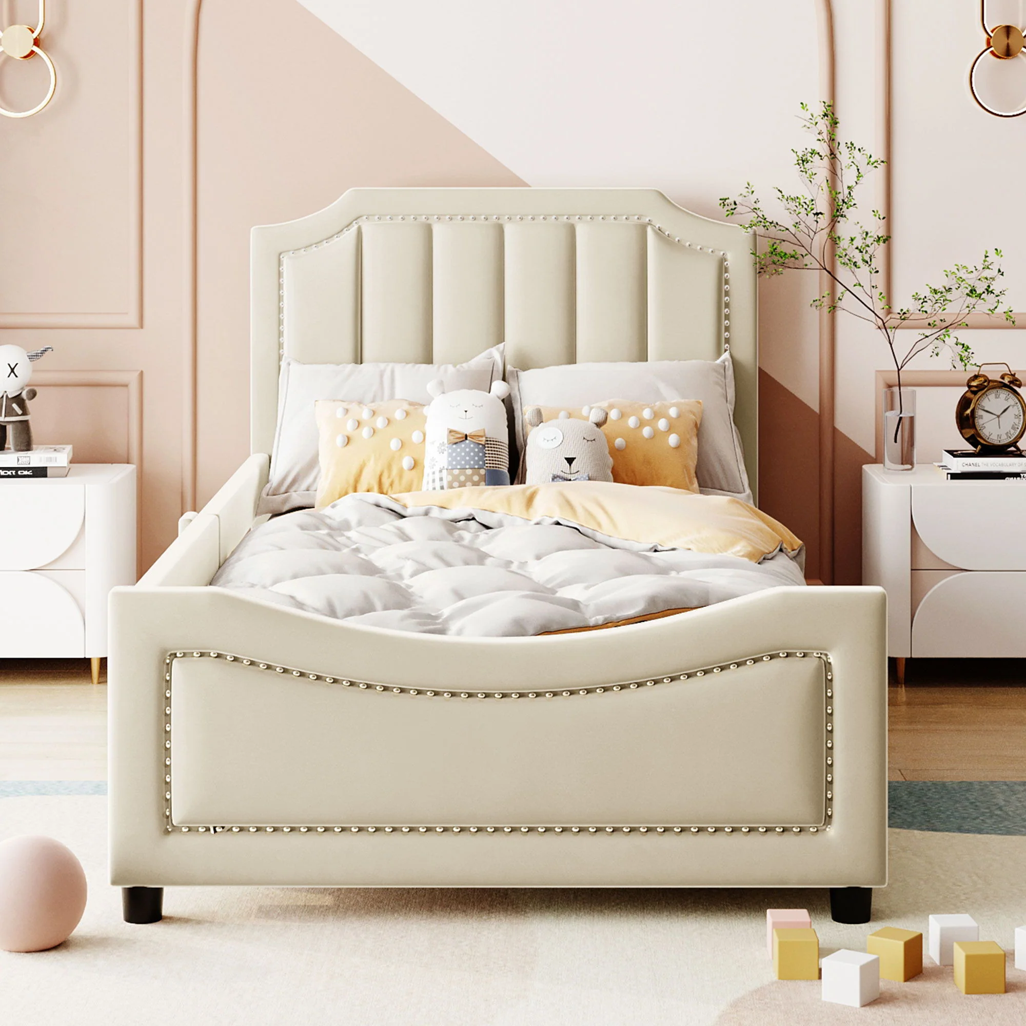 Upholstered Daybed With Classic Stripe Shaped Headboard - Image 7