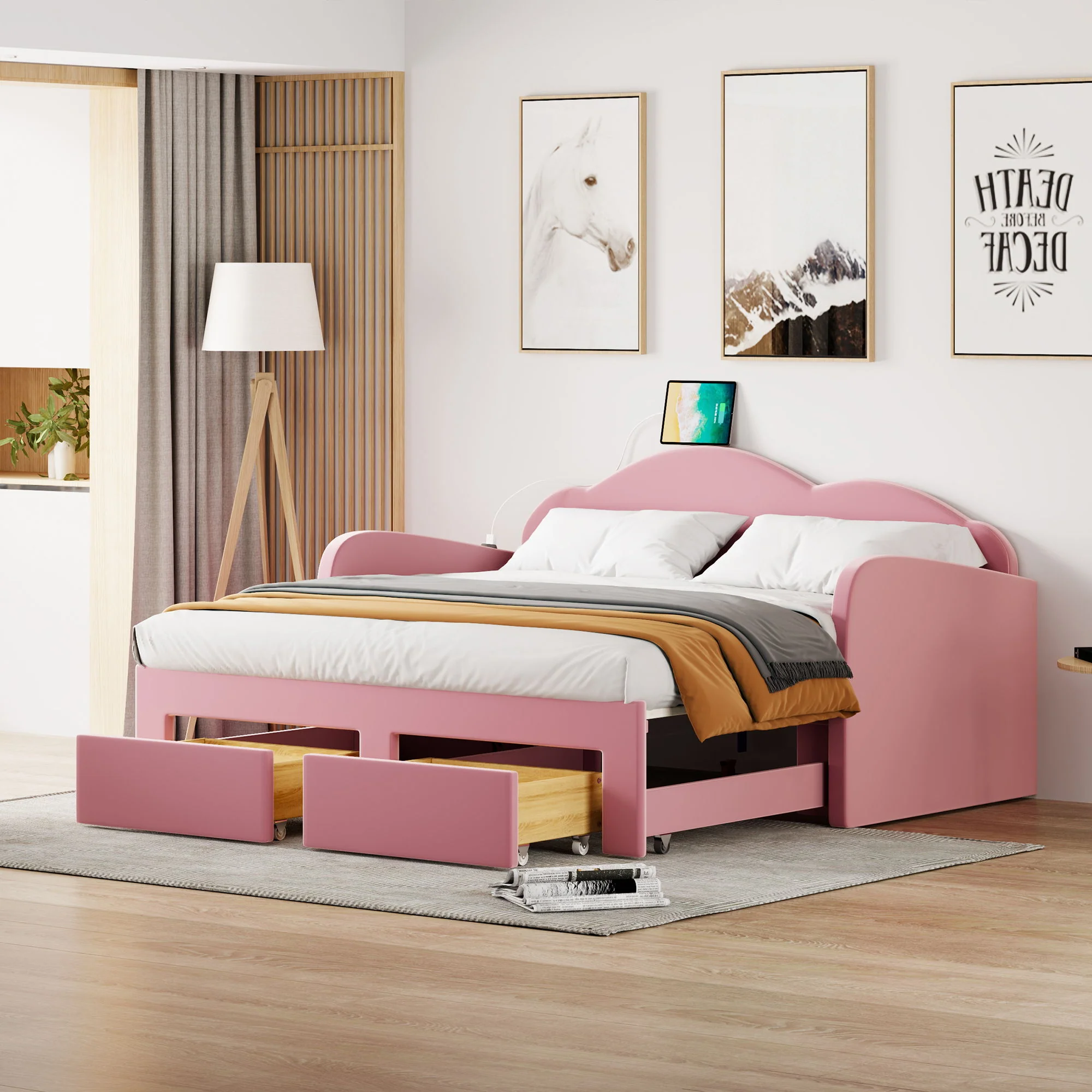 Upholstered Daybed With Cloud-Shaped Backrest, Trundle & 2 Drawers And USB Ports - Image 2