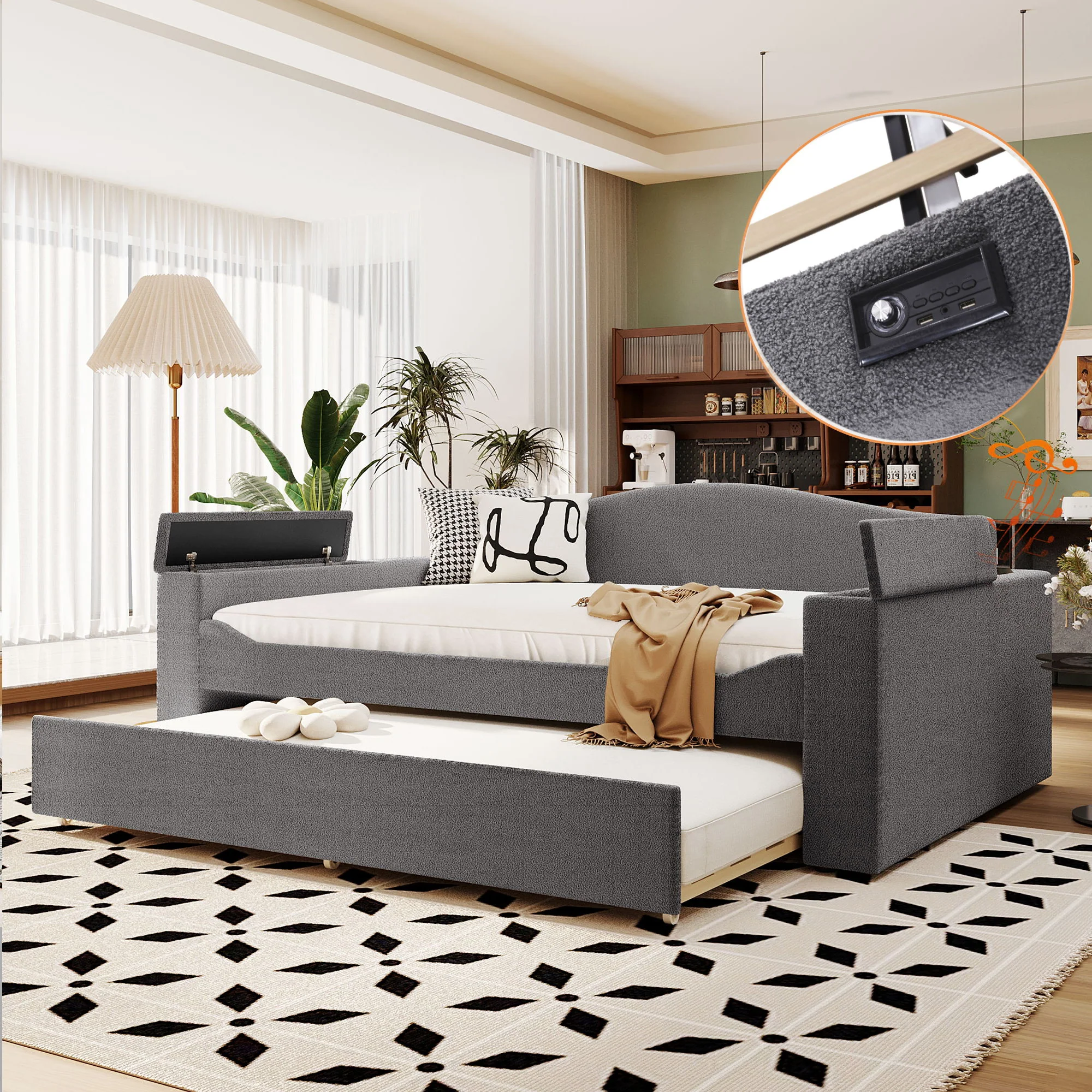 Upholstered Daybed With Storage Armrests, Trundle And Latest Integrated tooth Audio System - Image 14