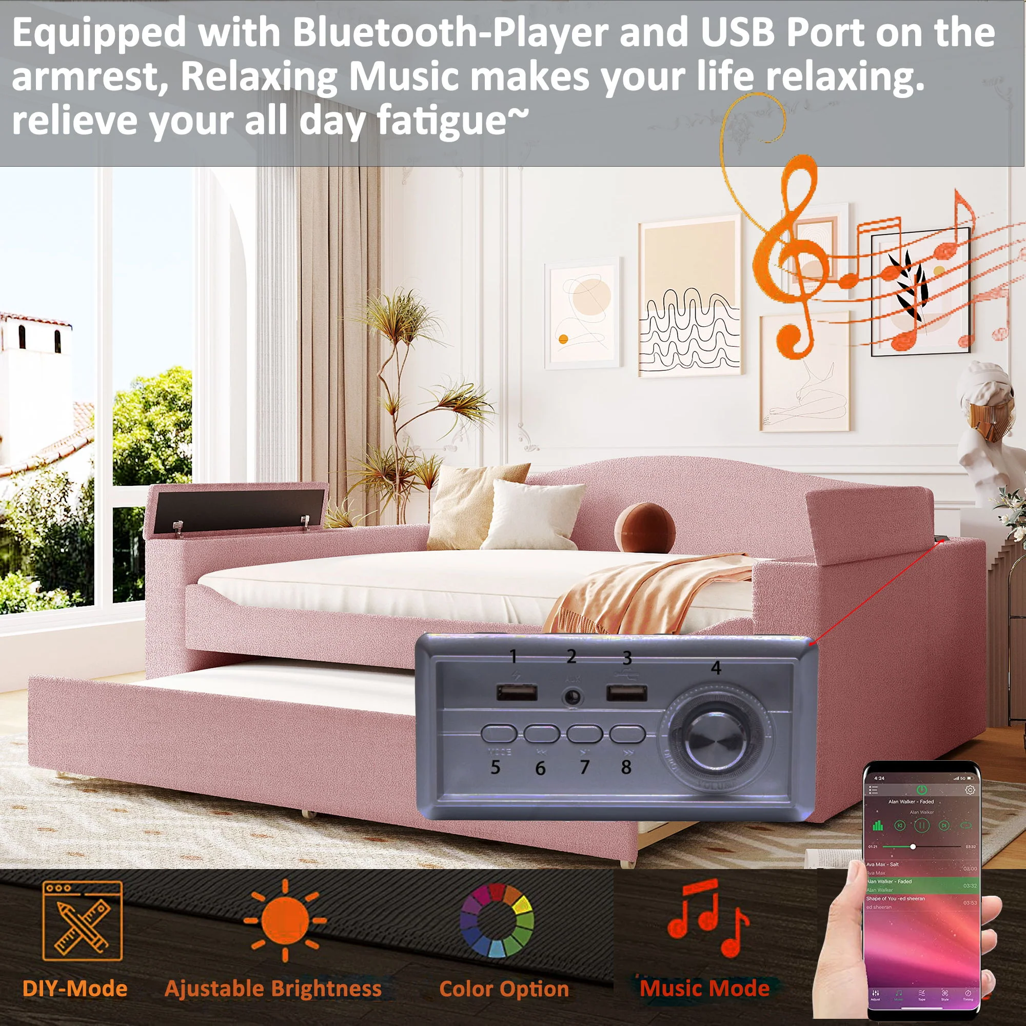 Upholstered Daybed With Storage Armrests, Trundle And Latest Integrated tooth Audio System - Image 16
