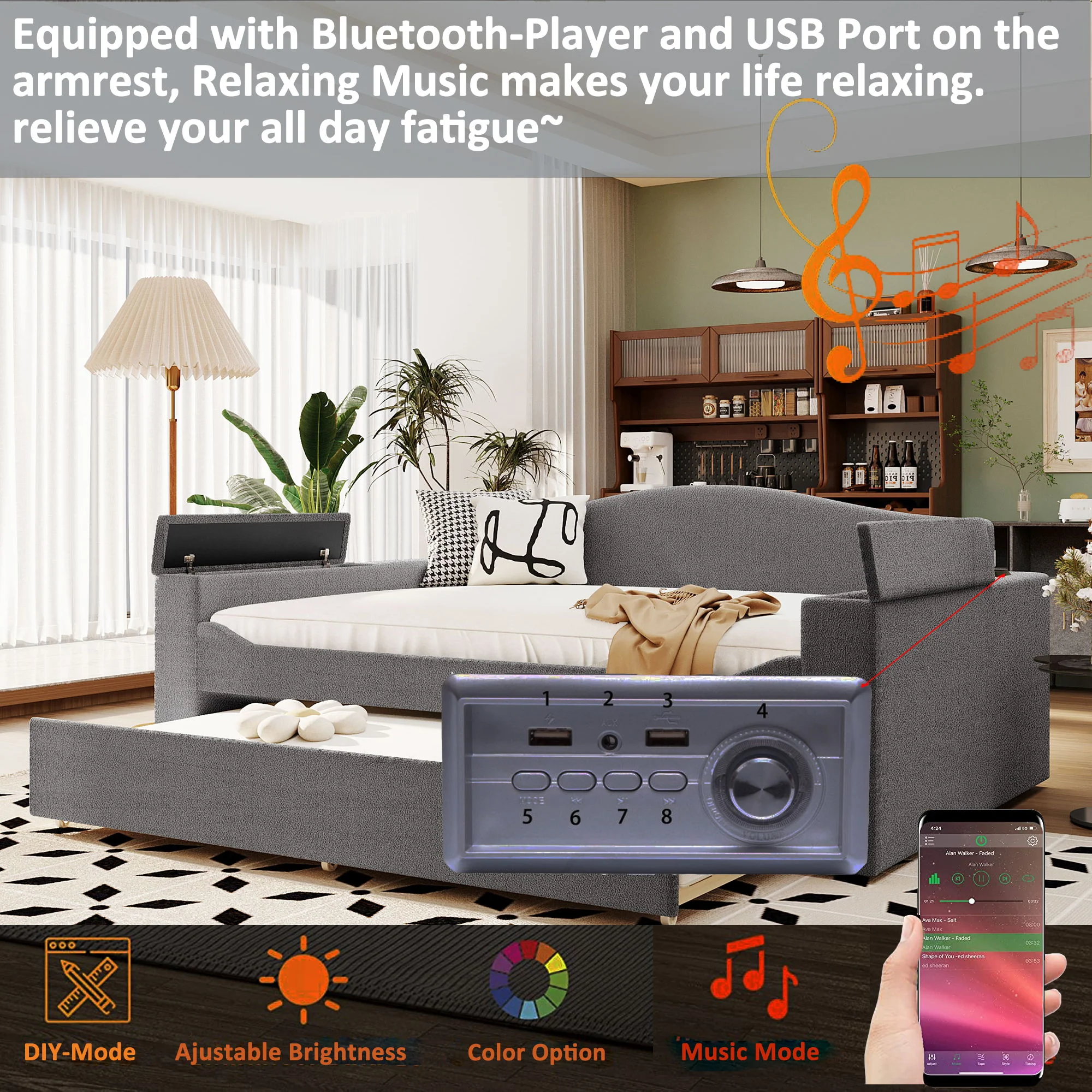 Upholstered Daybed With Storage Armrests, Trundle And Latest Integrated tooth Audio System - Image 24