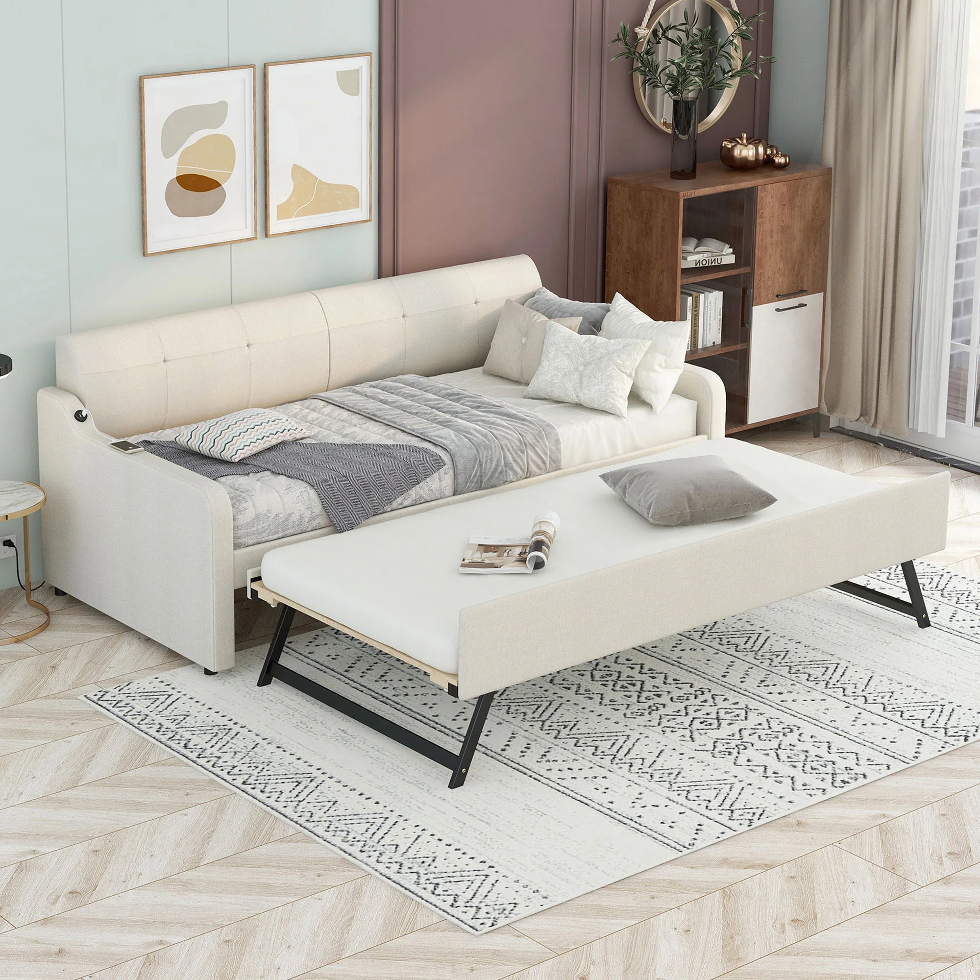 Upholstered Daybed With Trundle And USB Charging - Image 3
