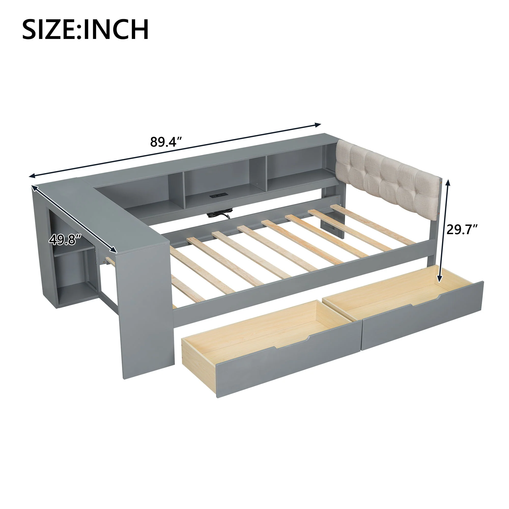 Upholstered Headboard Platform Bed With Storage Shelves, Drawers, Charging Station - Image 13