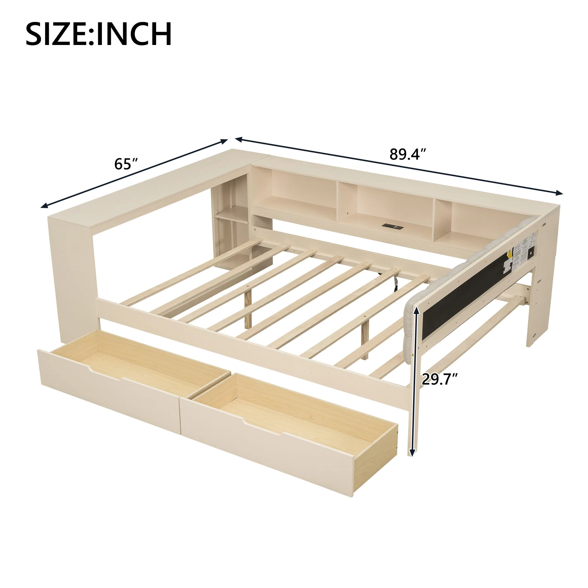 Upholstered Headboard Platform Bed With Storage Shelves, Drawers, Charging Station - Image 6