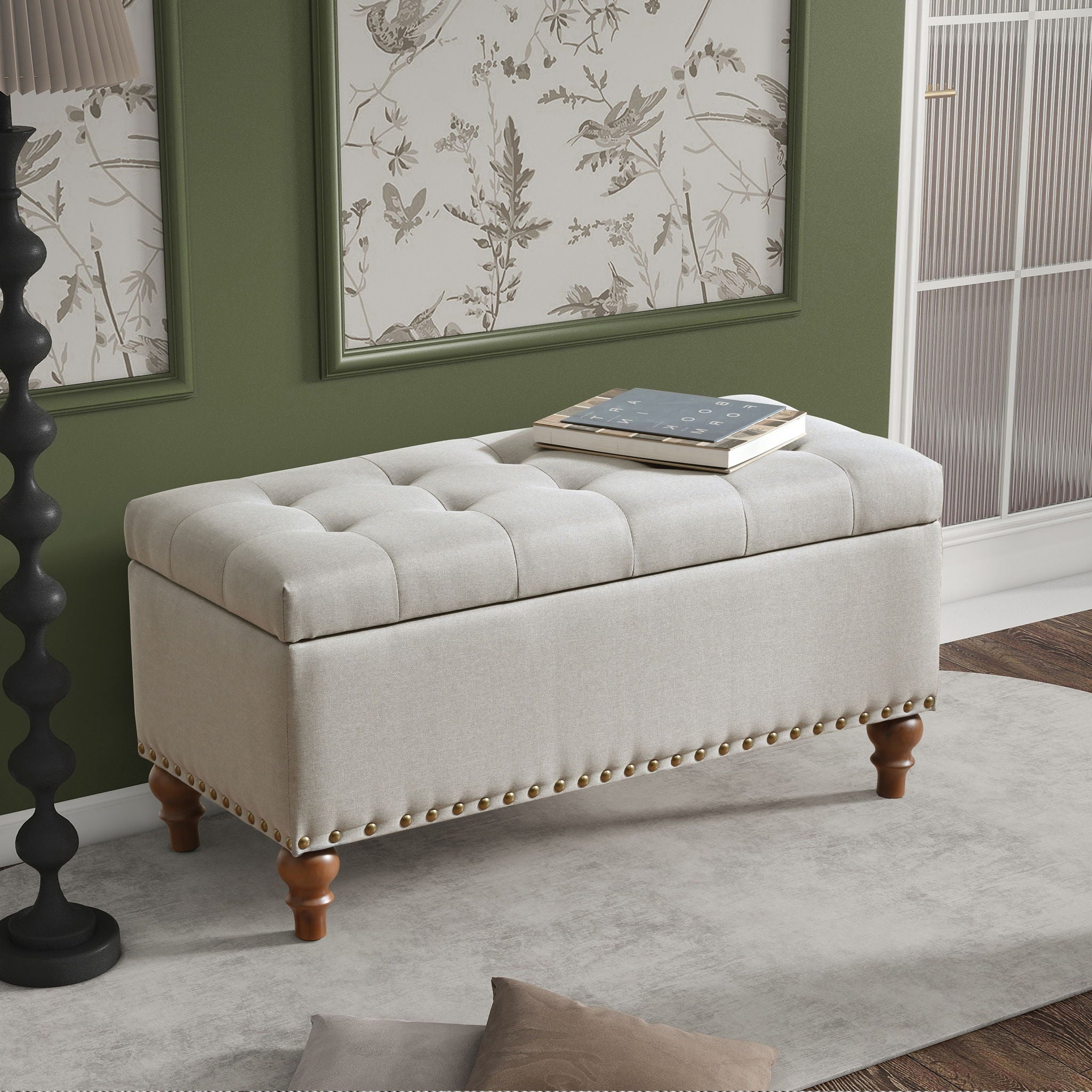 Upholstered Ottoman With Storage And Rivet Trim - Image 7