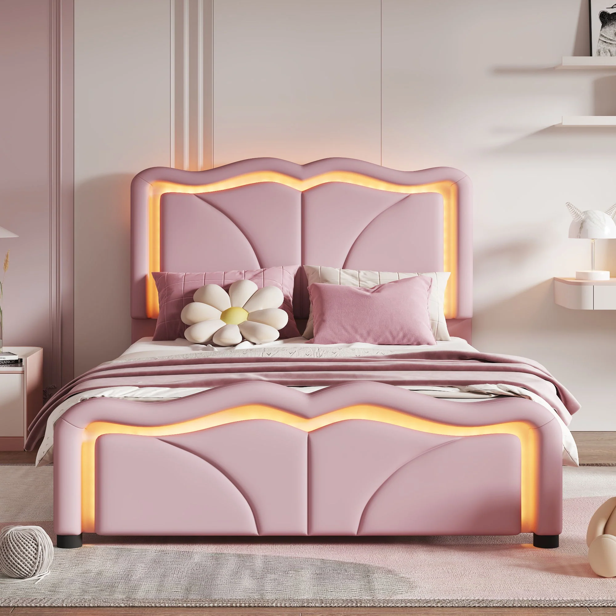 Upholstered Platform Bed & Curve Shaped And Height Adjustable Headboard, LED Light Strips - Image 10