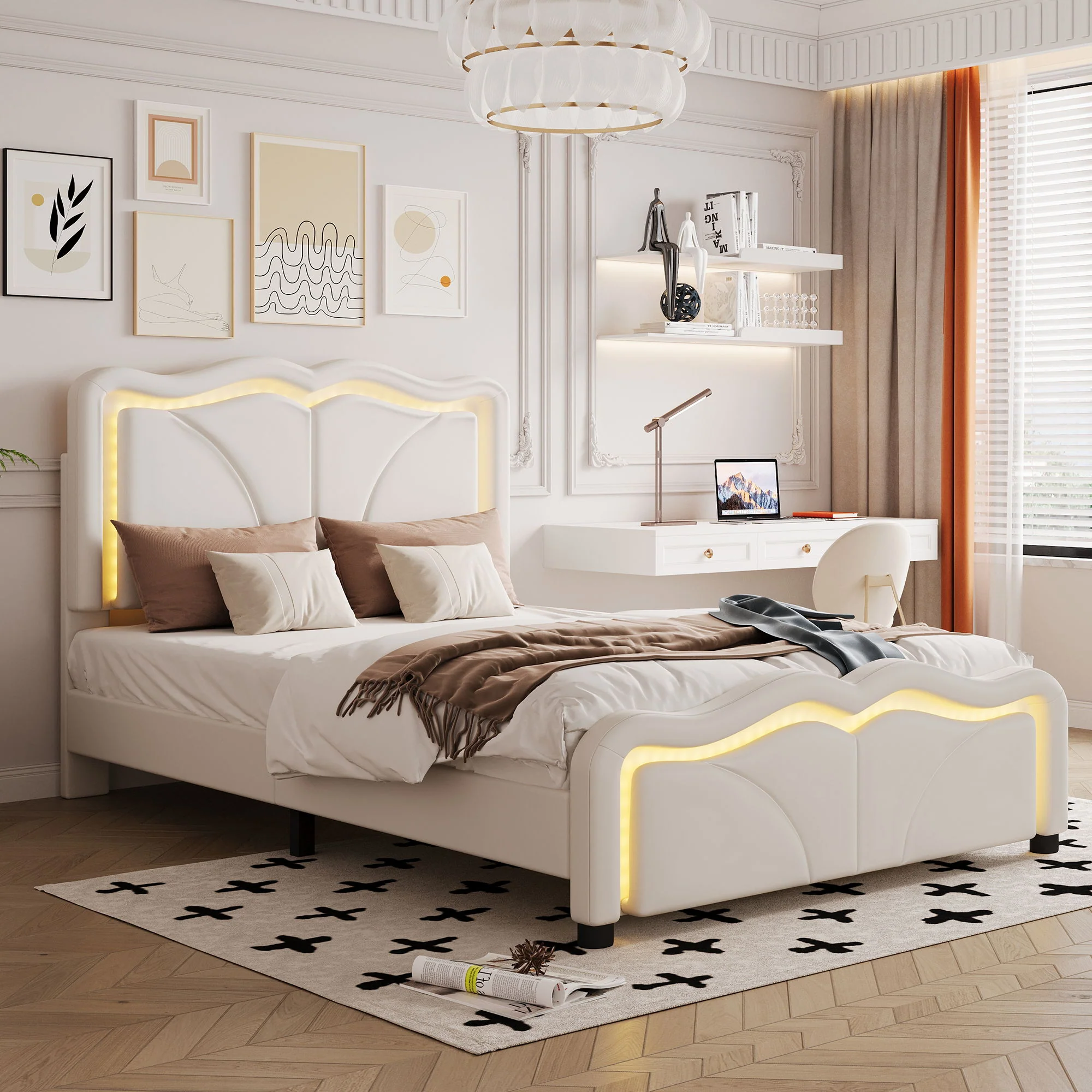 Upholstered Platform Bed & Curve Shaped And Height Adjustable Headboard, LED Light Strips - Image 12