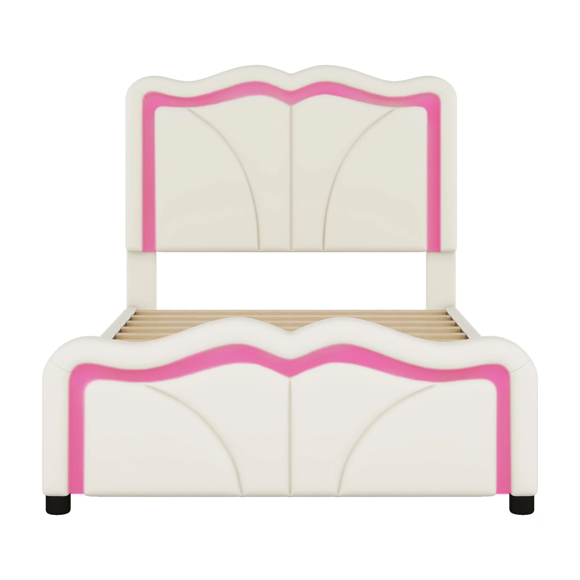 Upholstered Platform Bed & Curve Shaped And Height Adjustable Headboard, LED Light Strips - Image 2