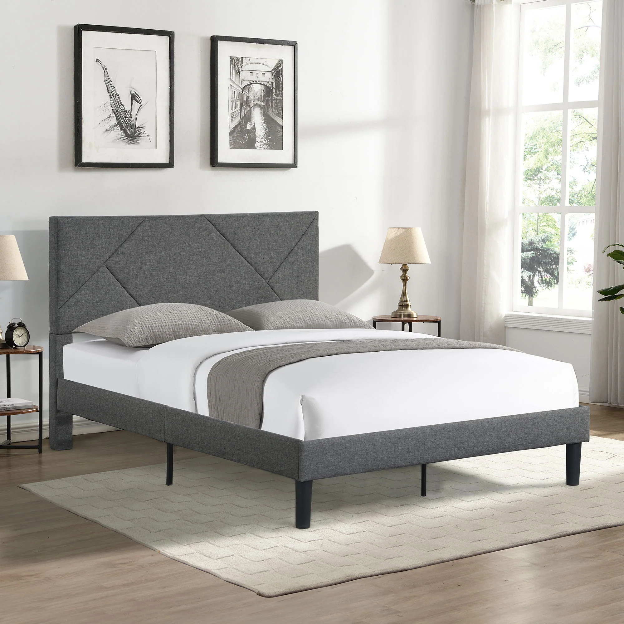 Upholstered Platform Bed Frame With Headboard, Wood Slat Support - Image 3