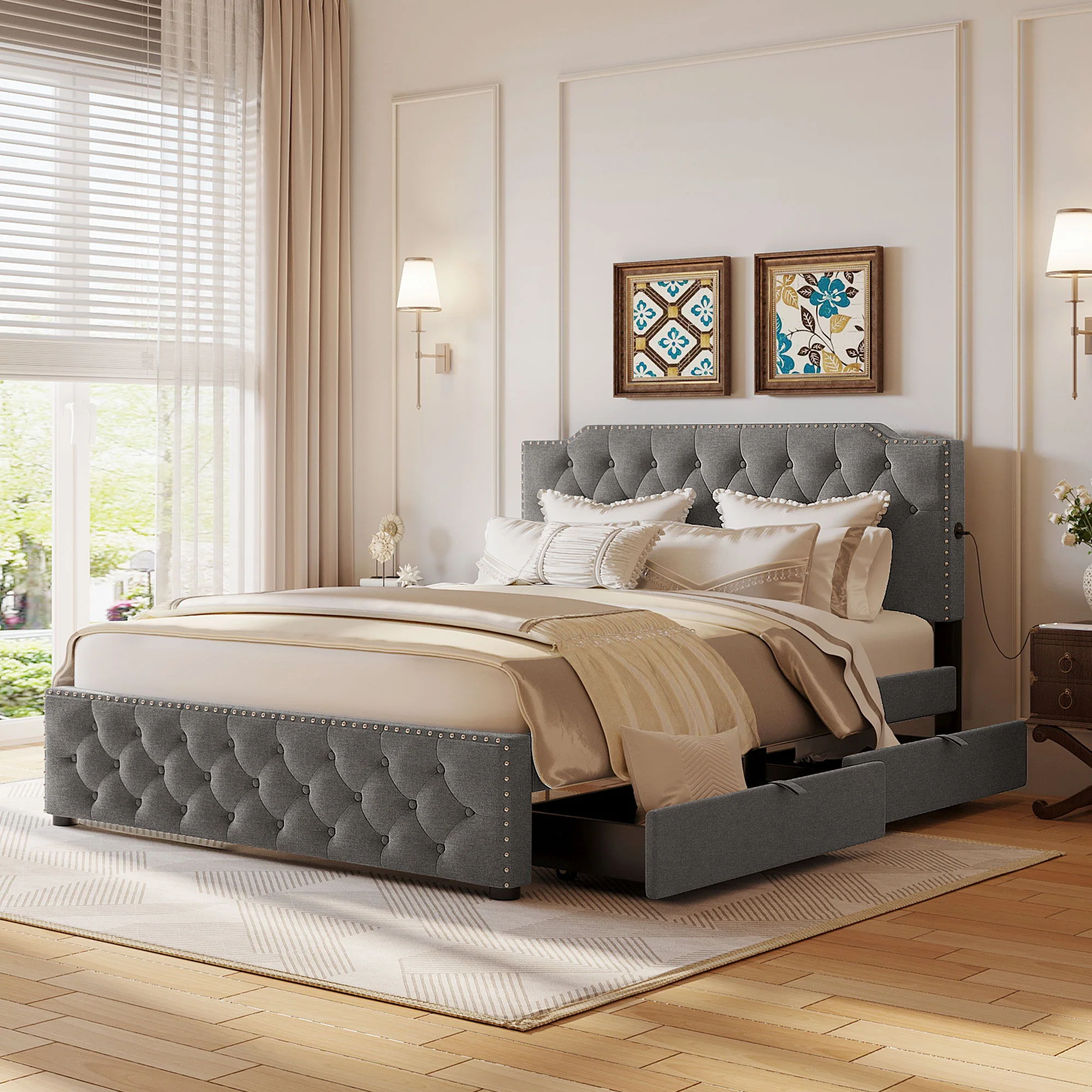 Upholstered Platform Bed With 2 Drawers And 2 Sets Of USB Ports On Each Side, Fabric - Image 2