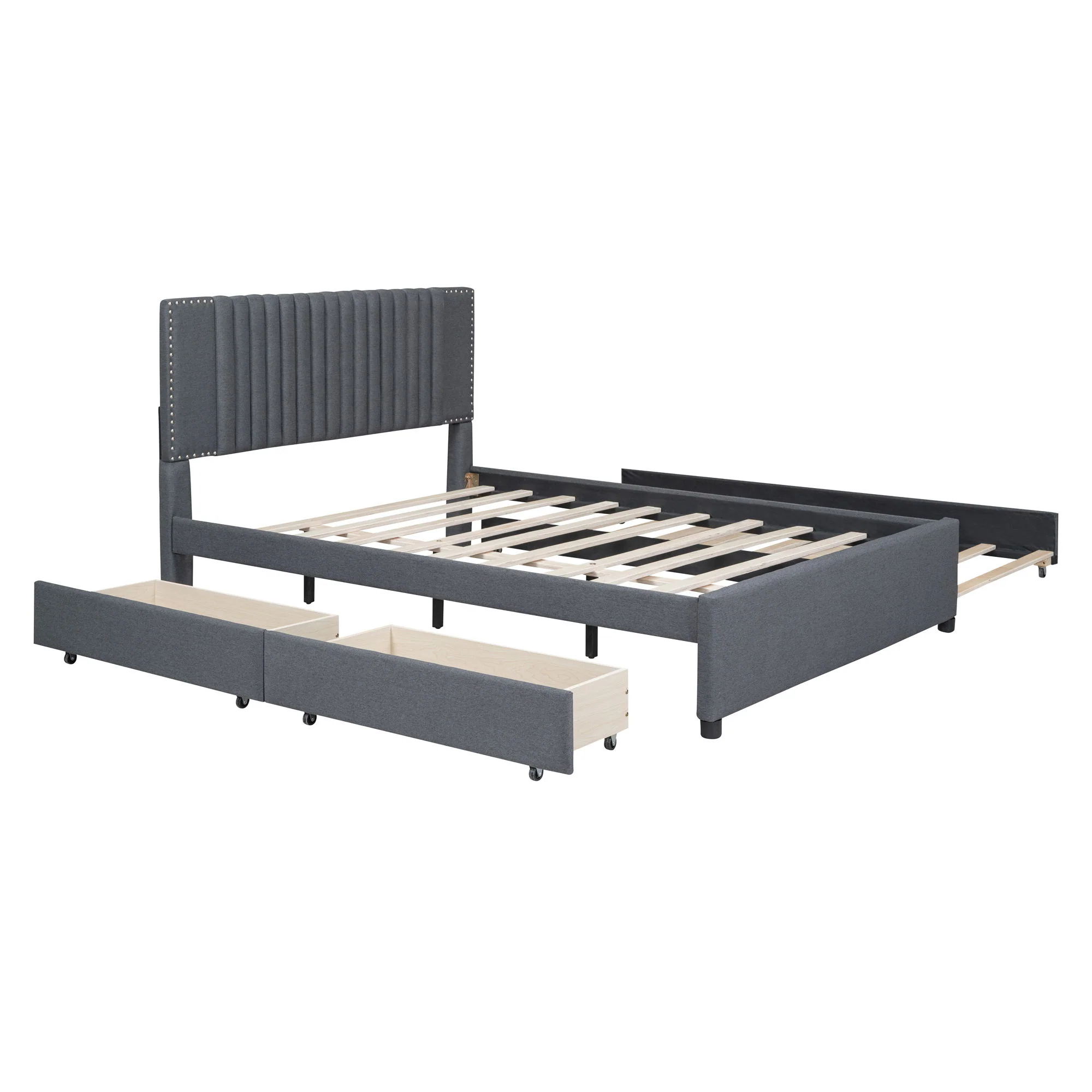 Upholstered Platform Bed With Drawers, Classic Headboard Design - Image 6