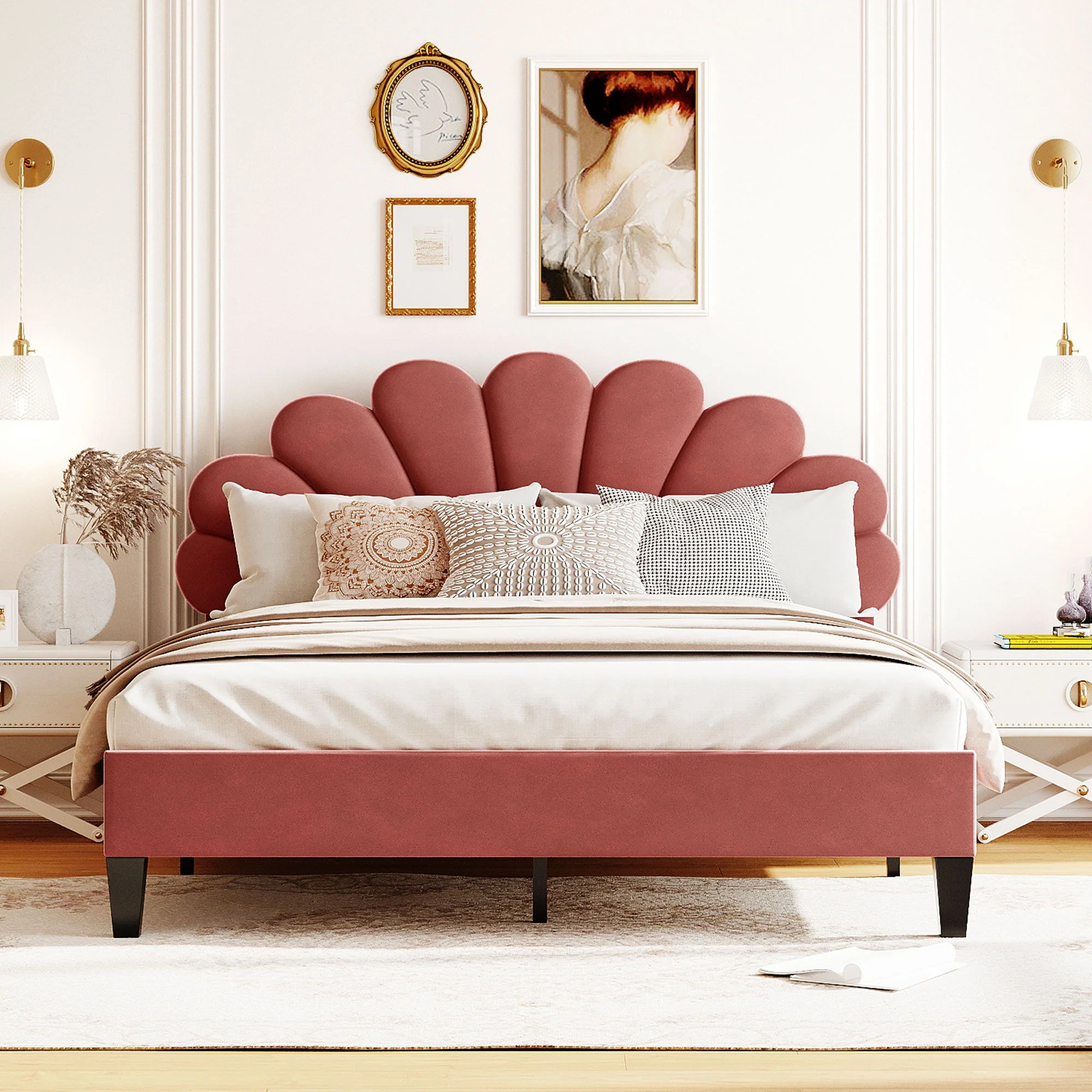 Upholstered Platform Bed With Flower Pattern Headboard - Image 10