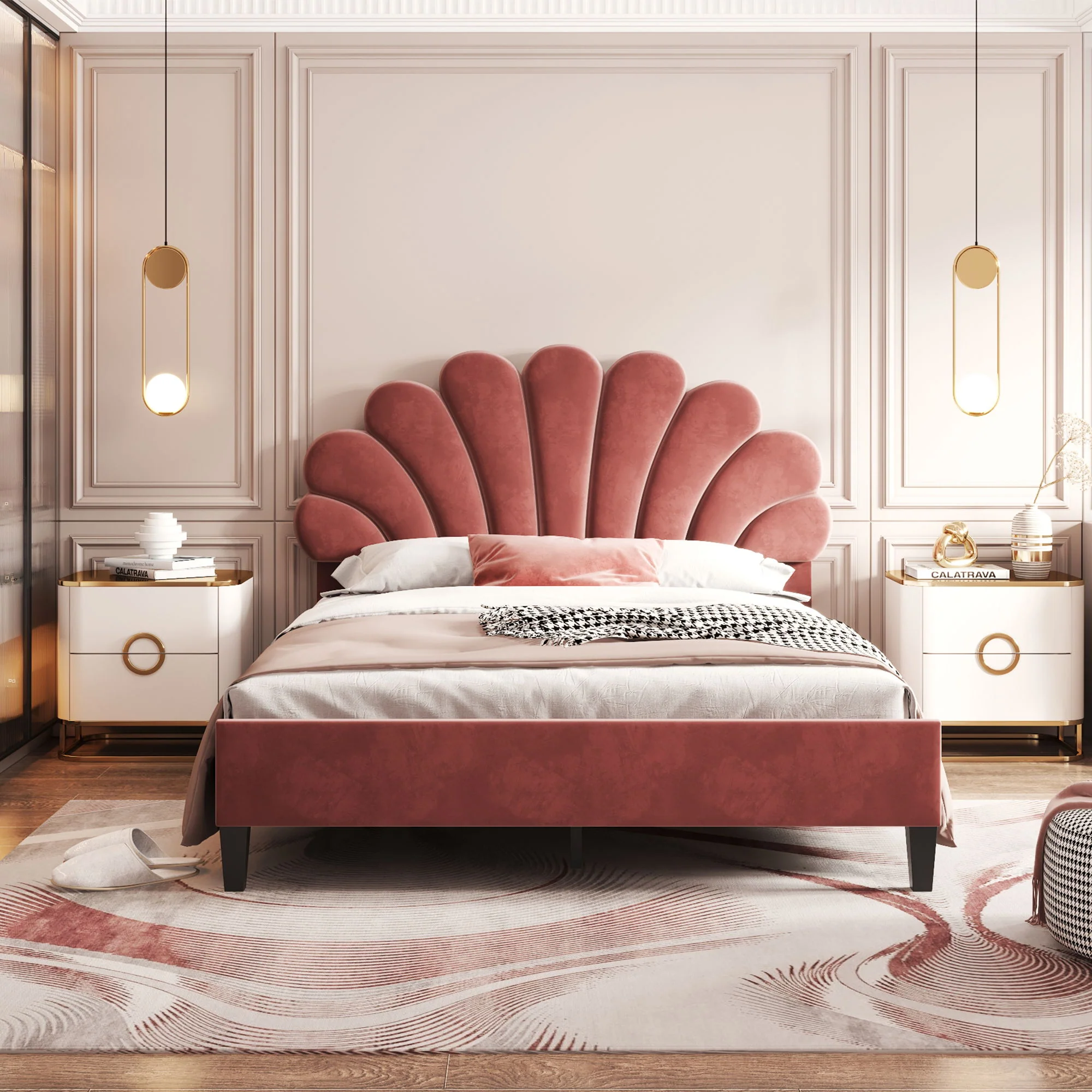 Upholstered Platform Bed With Flower Pattern Headboard - Image 4
