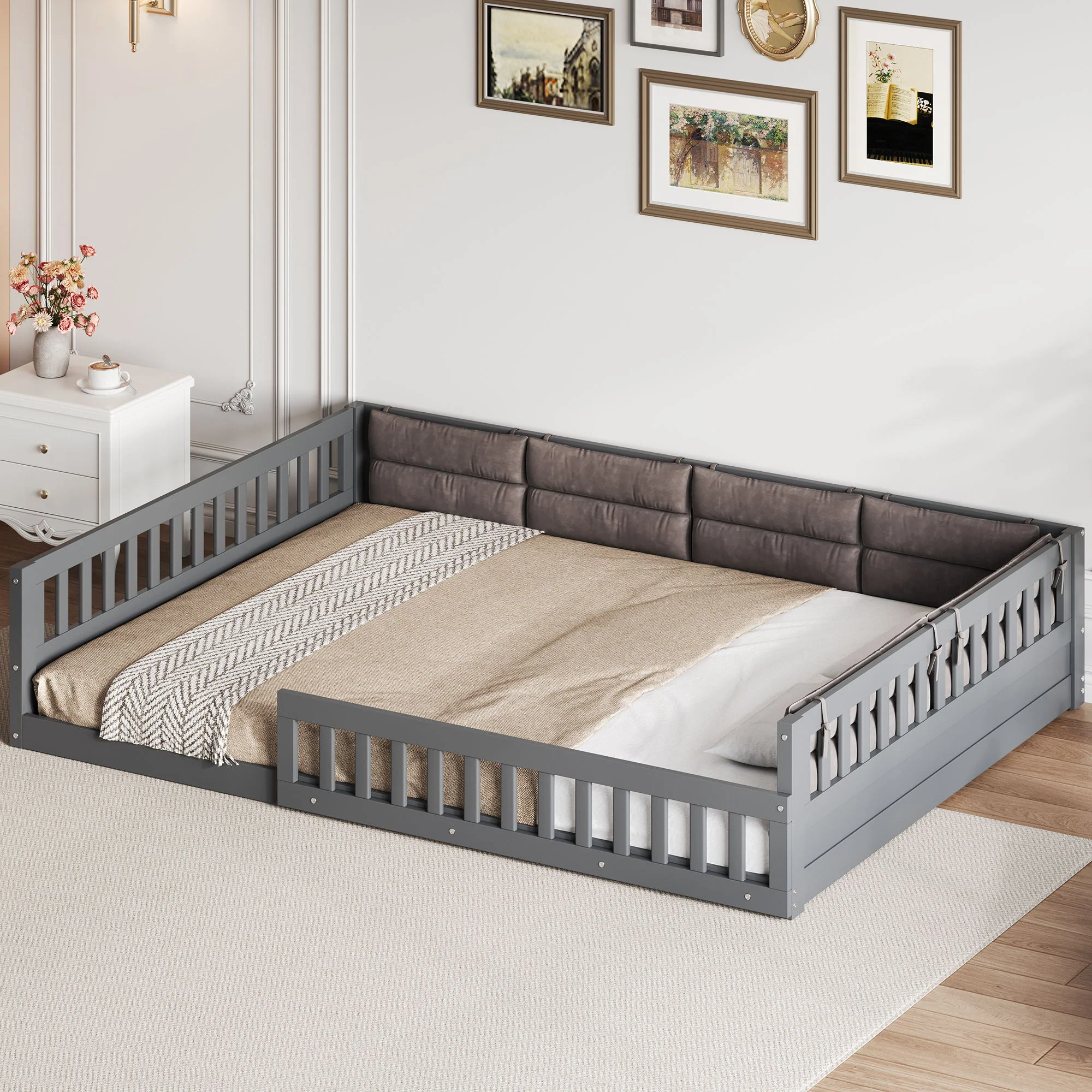 Upholstered Platform Bed With Guardrail And Pillow - Image 4