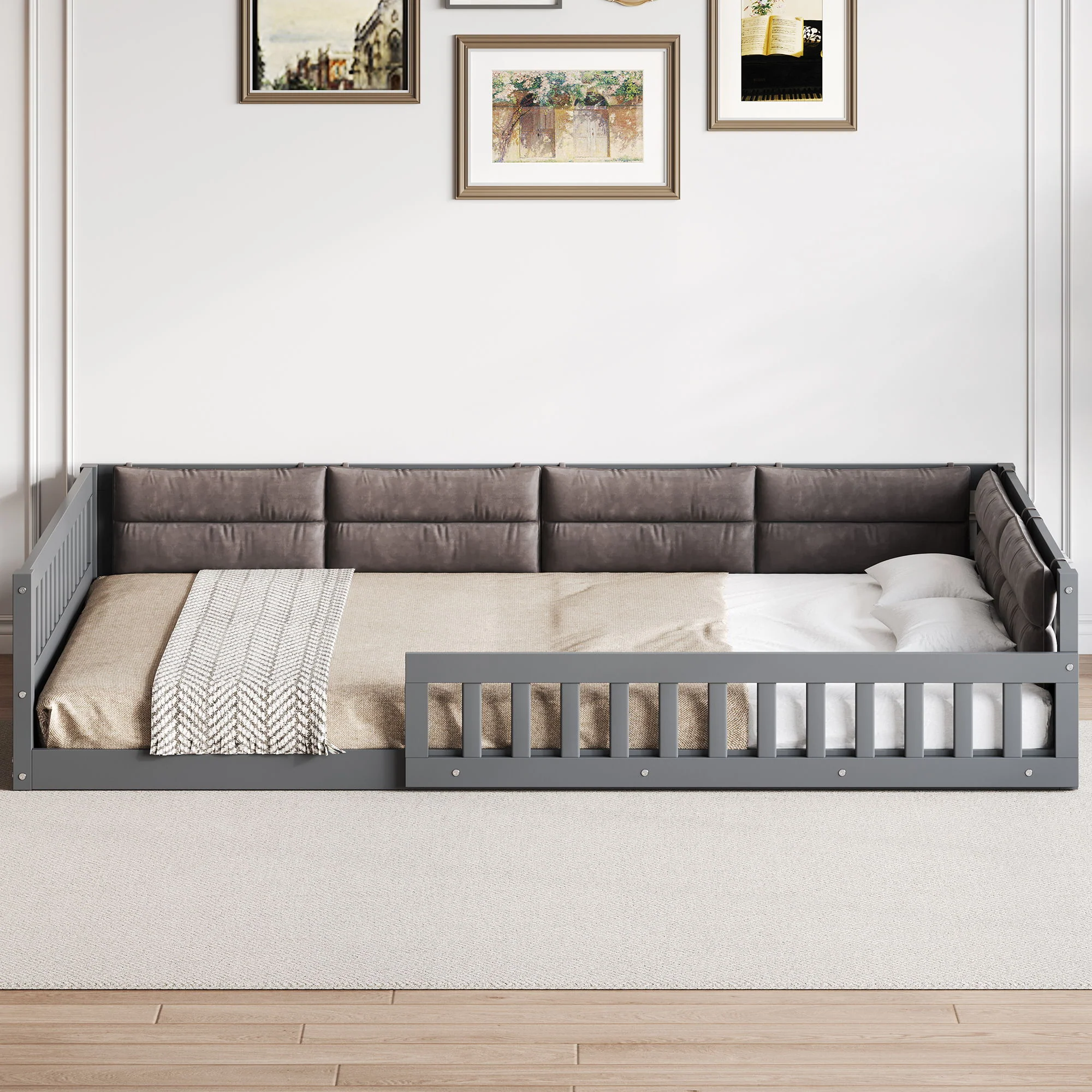 Upholstered Platform Bed With Guardrail And Pillow - Image 7