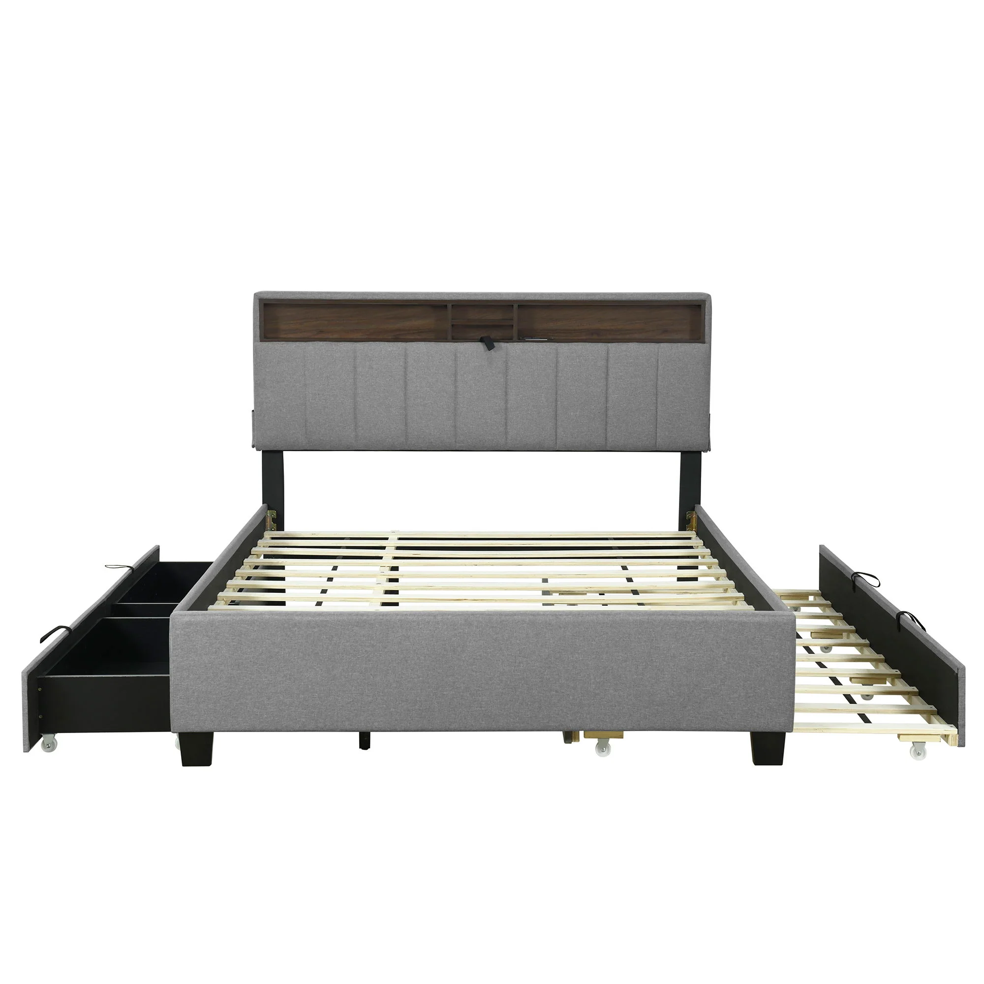 Upholstered Platform Bed With Storage Headboard, Trundle & 2 Drawers And A Set Of Sockets & USB Ports - Image 11
