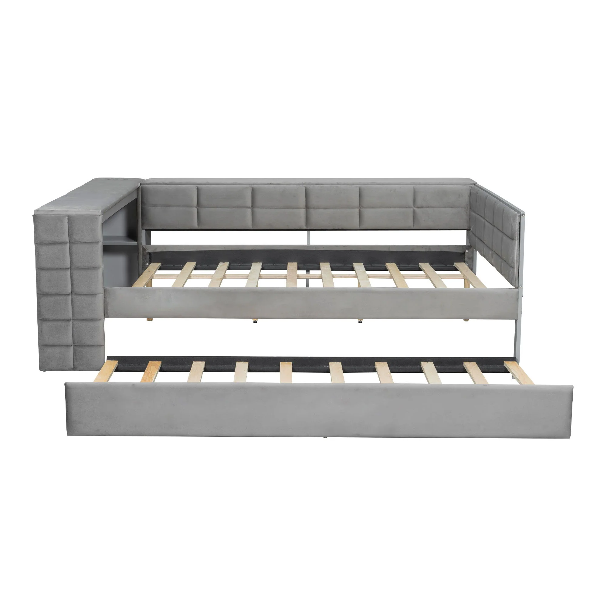 Upholstered Platform Bed With Storage Shelves, Desk, Charging Station And Trundle - Image 2