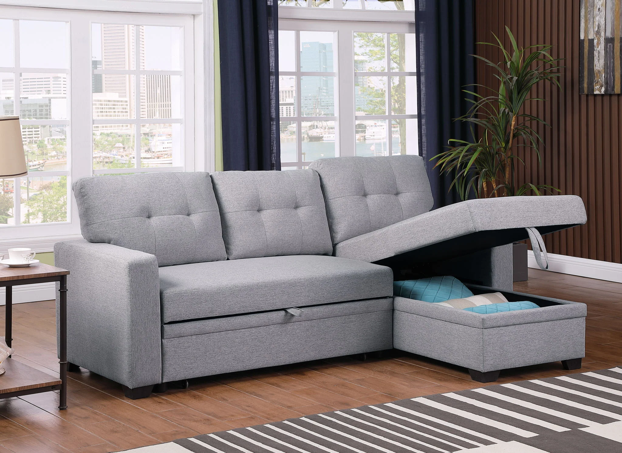 Upholstered Pull Out Sectional Sofa With Chaise - Image 4