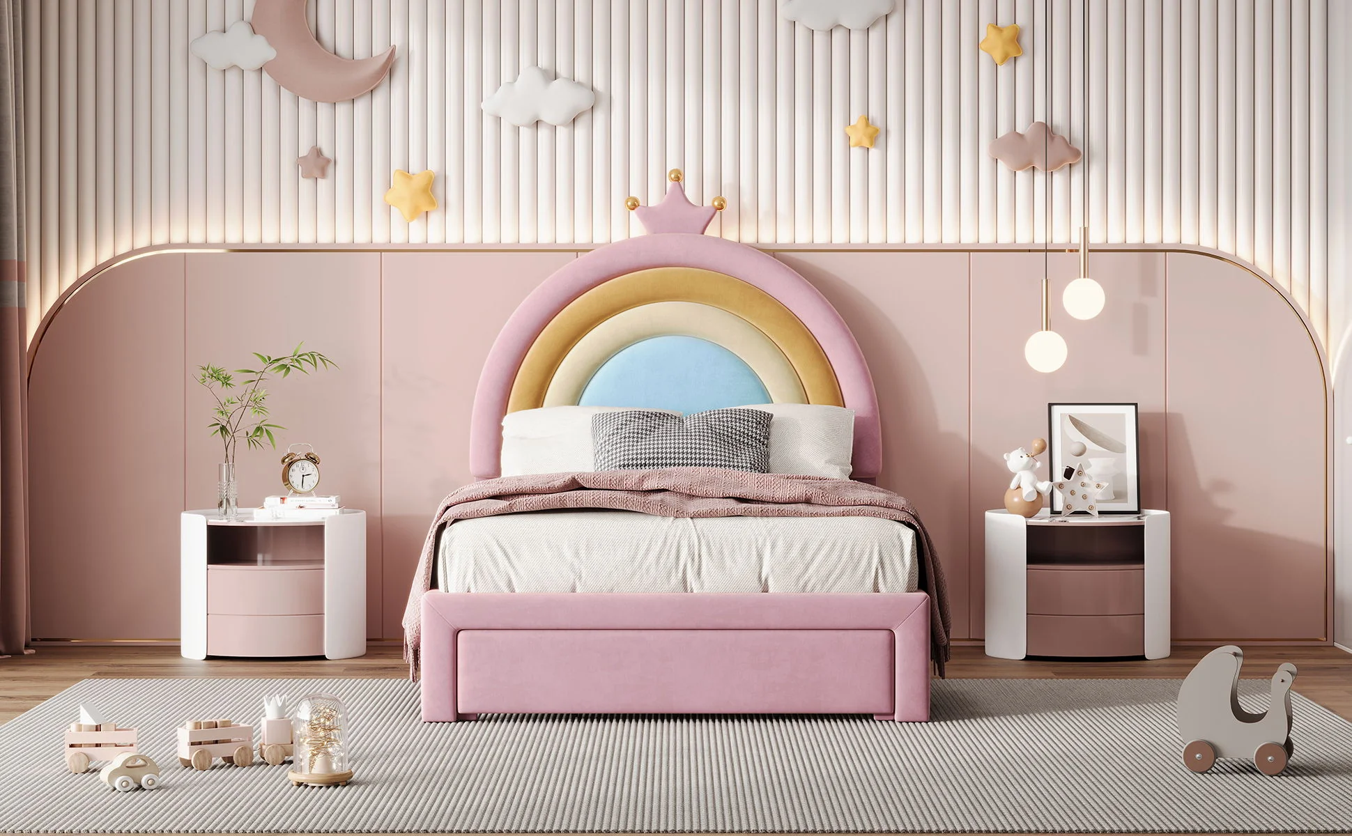 Upholstered Rainbow Design Bed, Princess Platform Bed With Storage Drawer - Image 2