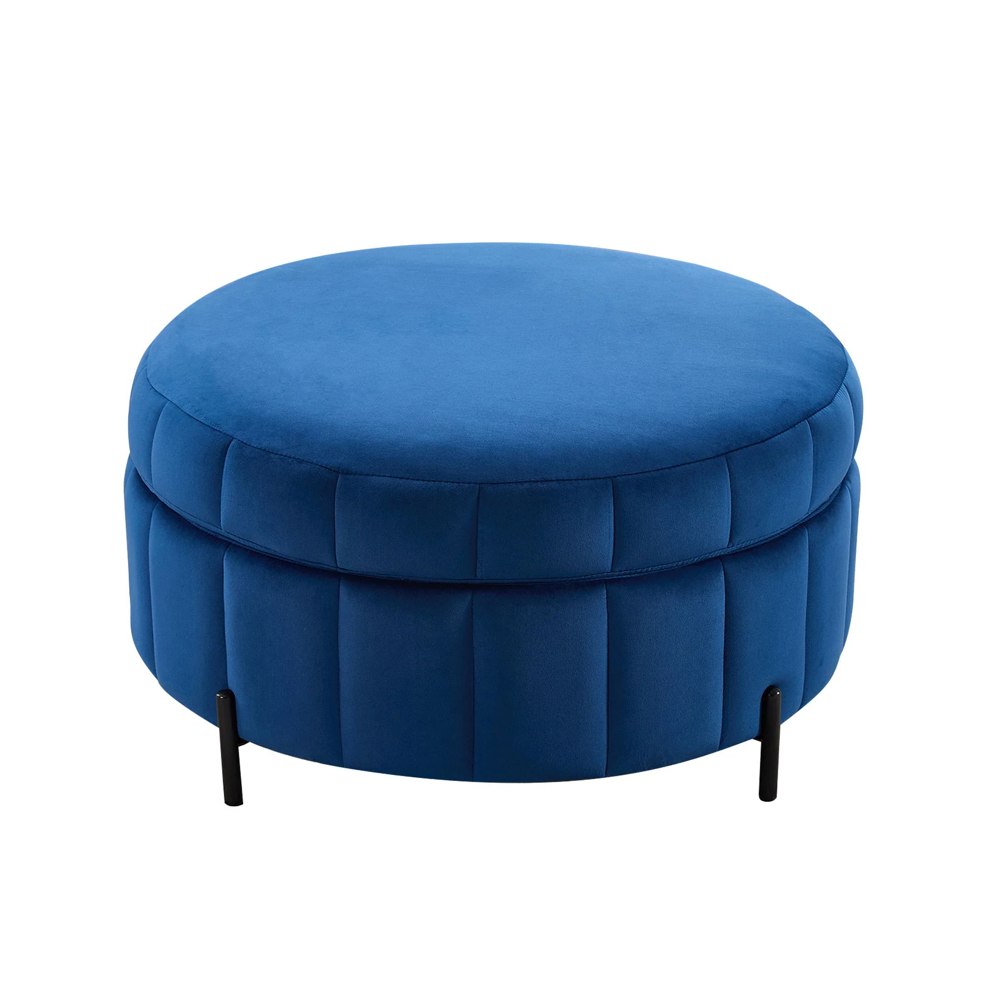 Upholstered Round Ottoman With Reversible Lid, Channel Tufted Pumpkin Shape - Image 3