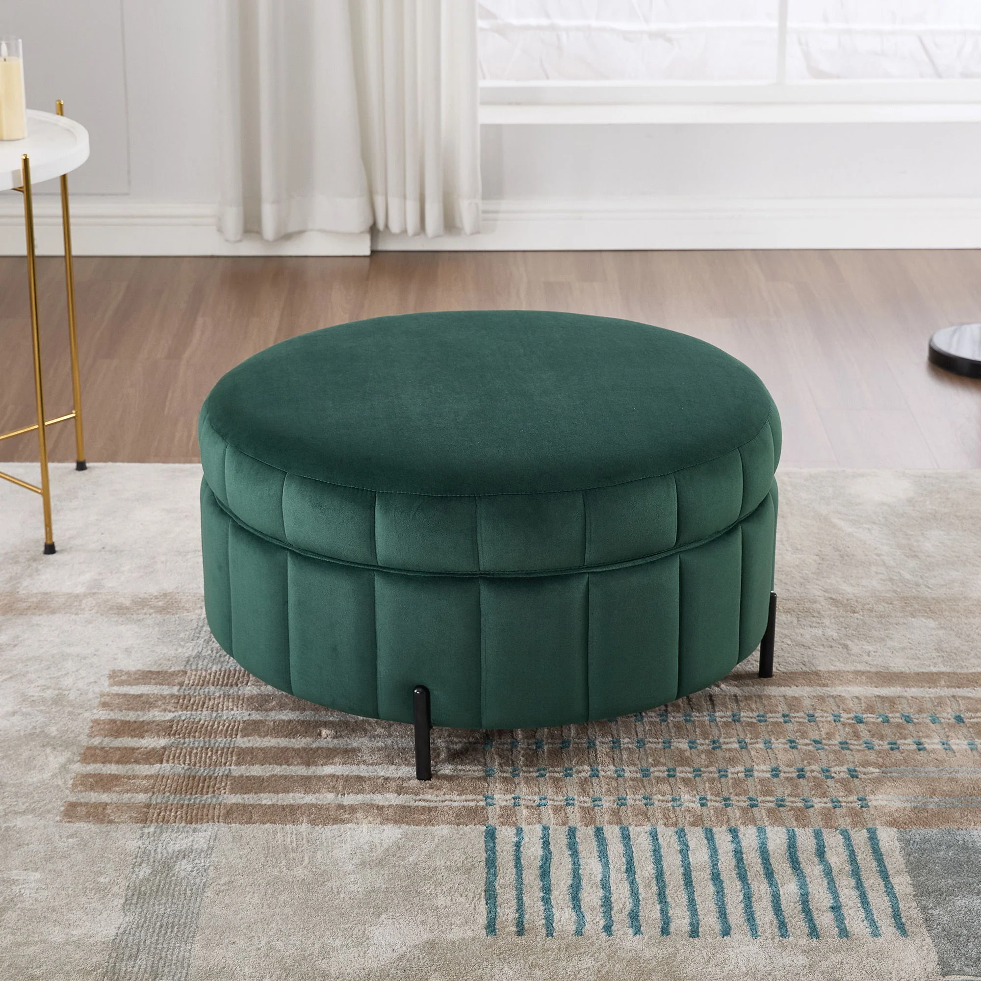 Upholstered Round Ottoman With Reversible Lid, Channel Tufted Pumpkin Shape - Image 6