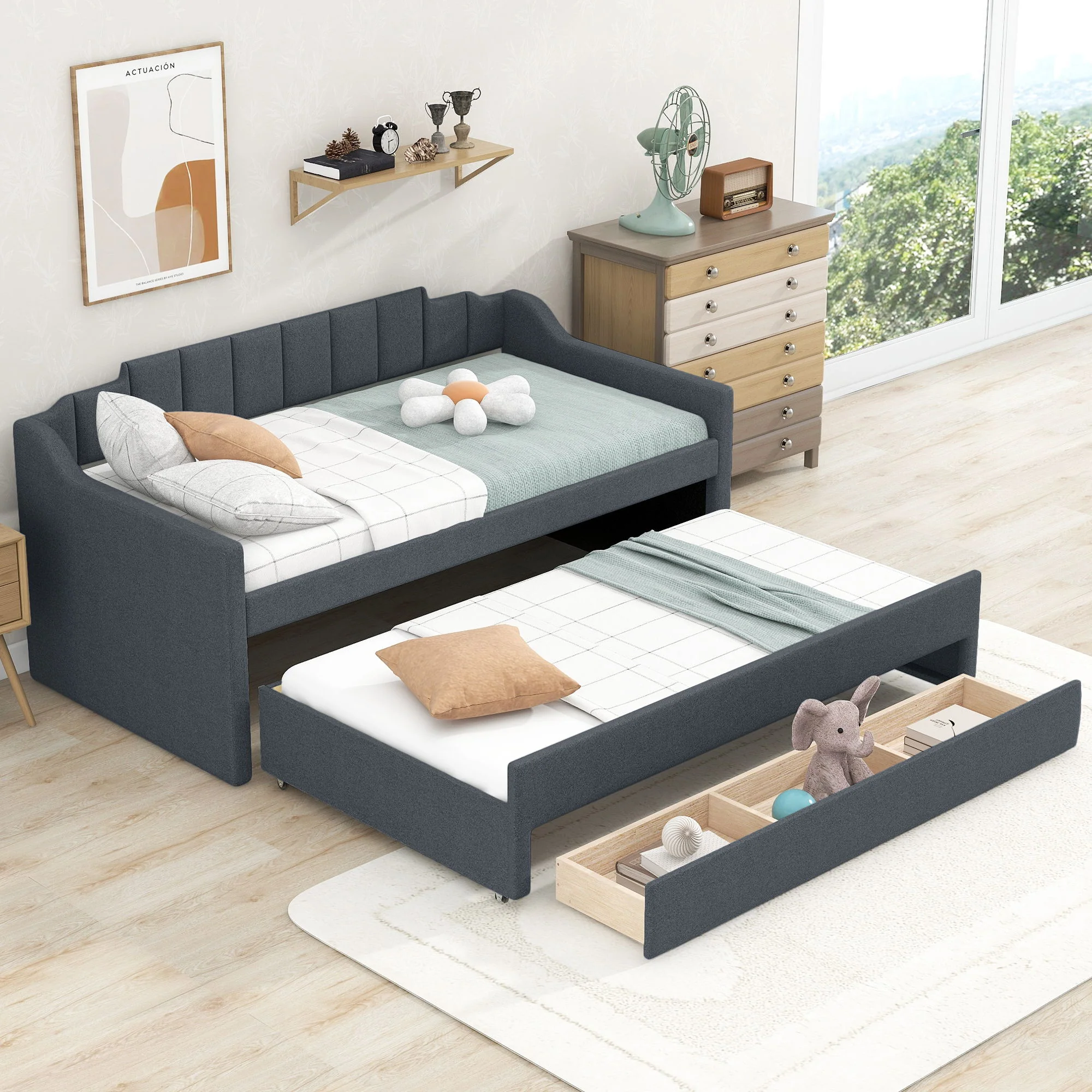 Upholstered Simple Design Daybed With Trundle And 3 Drawers - Image 9