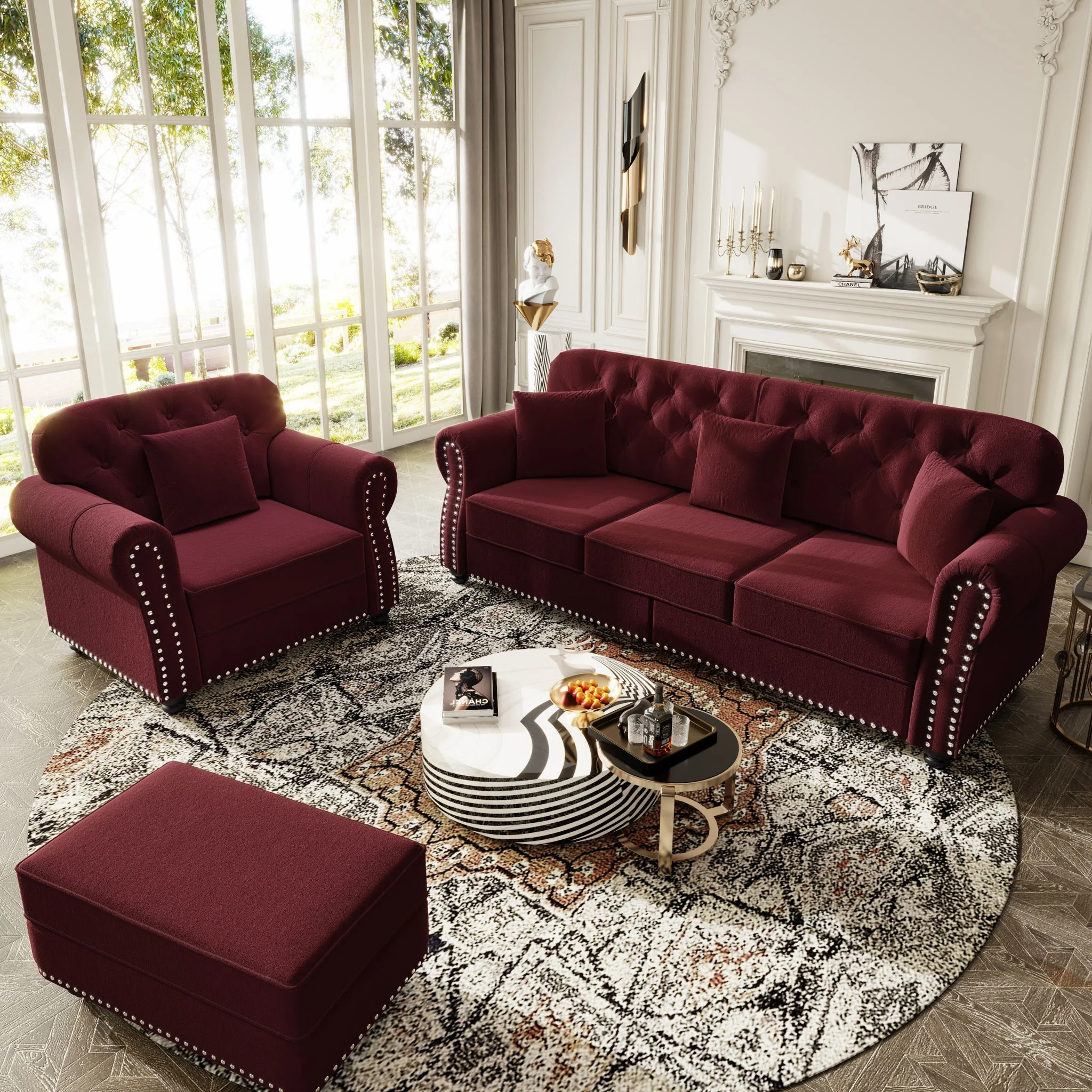 Upholstered Sofa Set With Nailhead Trim And Rolled Armrests, Includes Pillows - Image 25