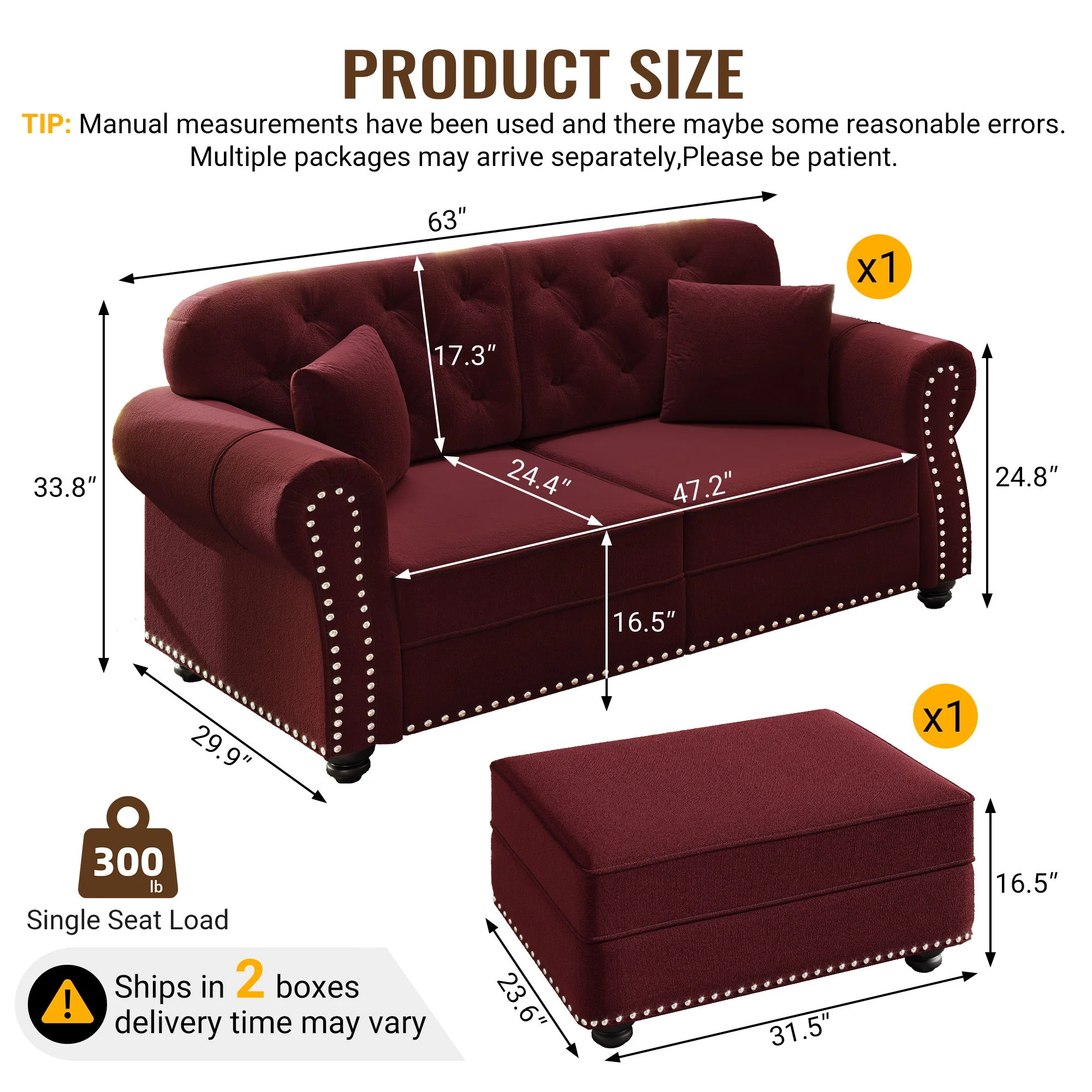 Upholstered Sofa Set With Nailhead Trim And Rolled Armrests, Includes Pillows - Image 58