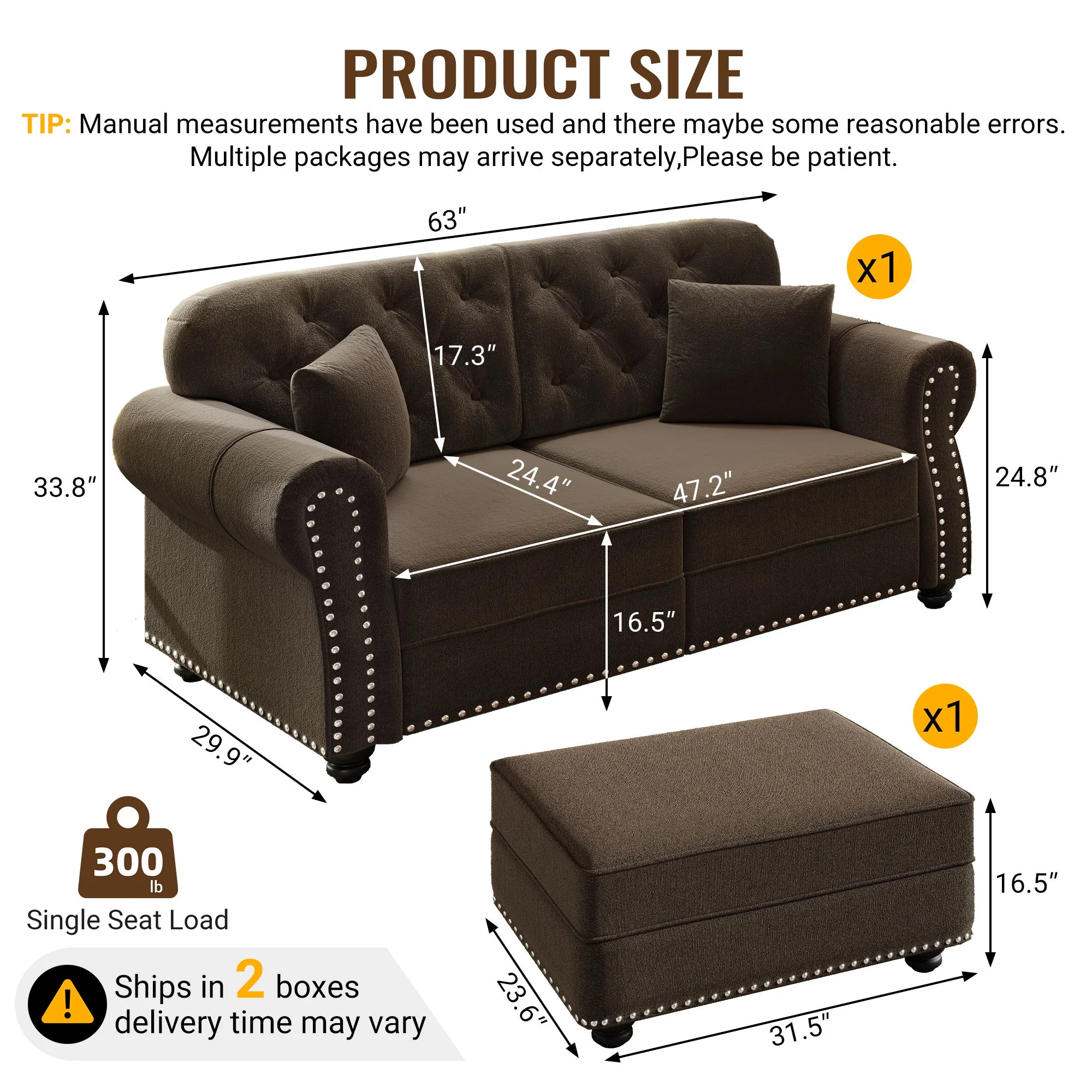Upholstered Sofa Set With Nailhead Trim And Rolled Armrests, Includes Pillows - Image 63