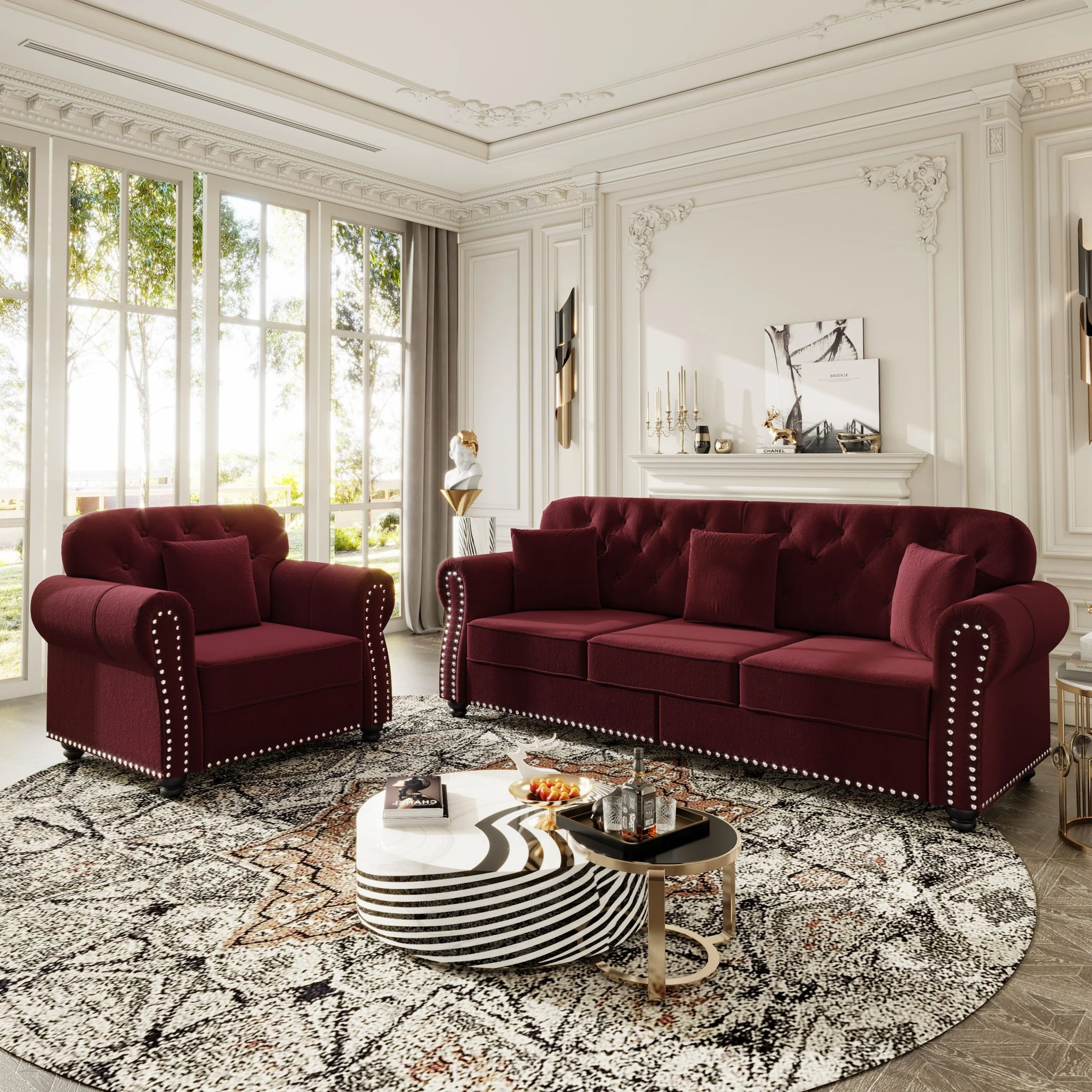 Upholstered Sofa Set With Nailhead Trim And Rolled Armrests, Includes Pillows - Image 64